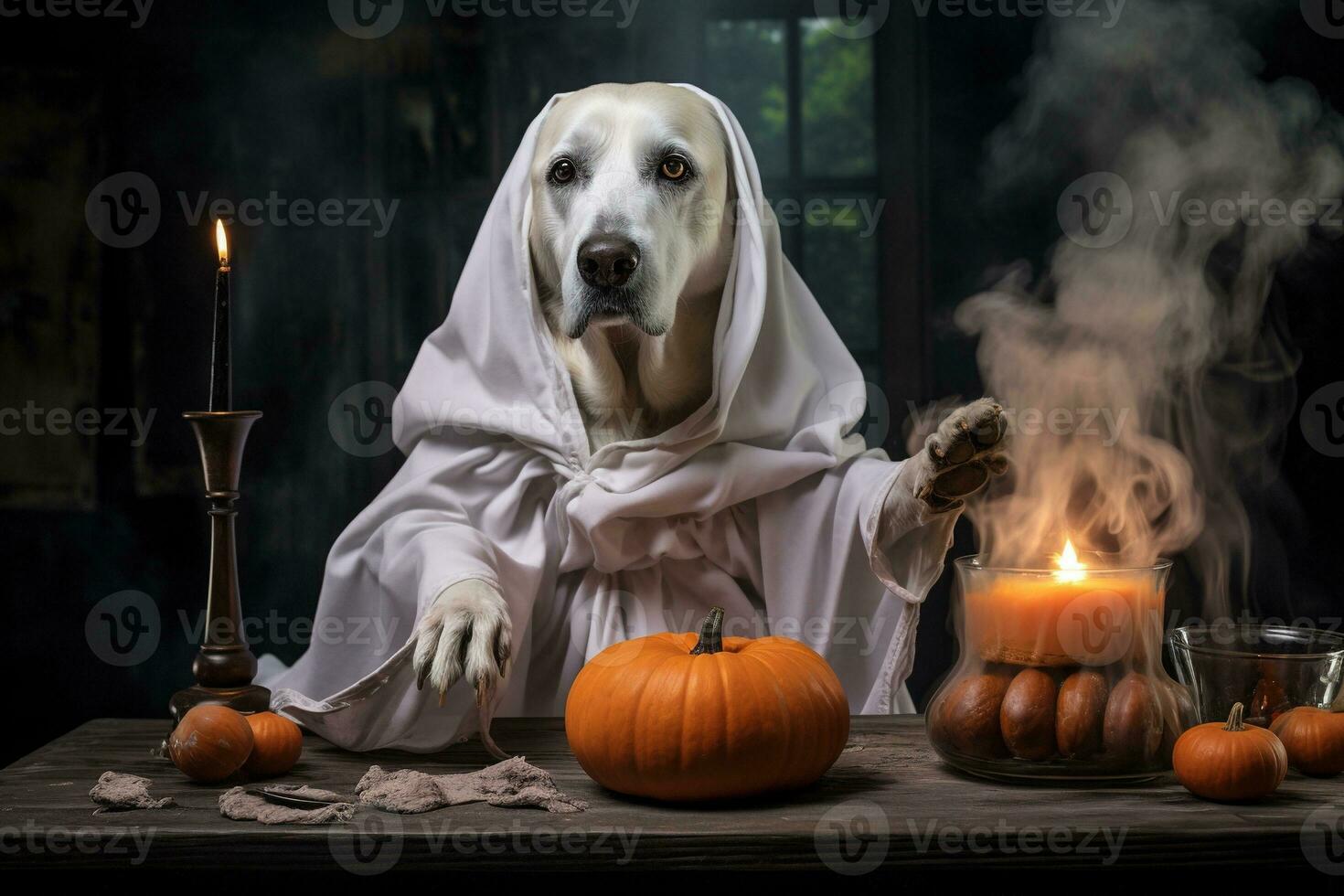 Halloween theme. dog in ghost costume with pumpkins on dark background AI Generated photo