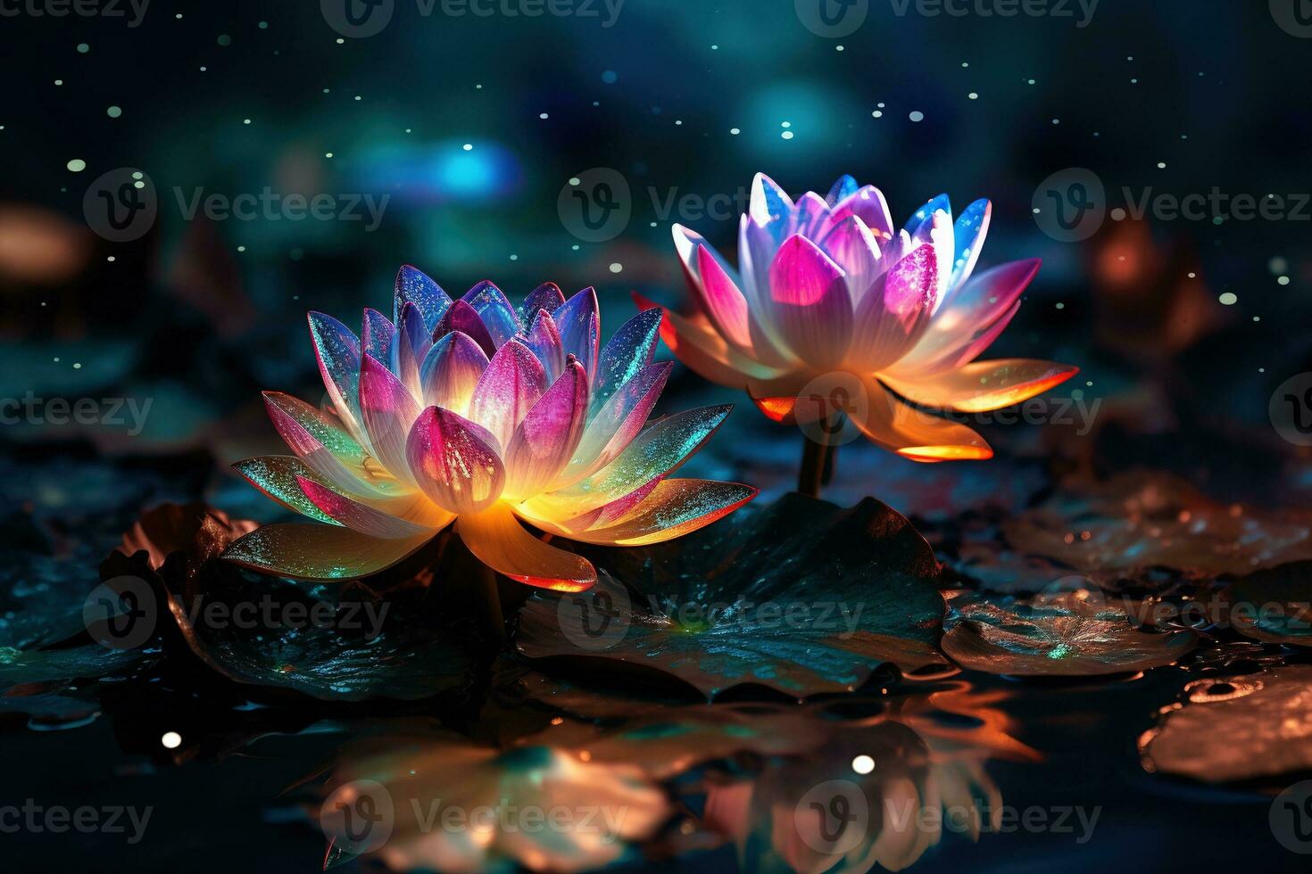 Beautiful pink water lily or lotus flower on dark background AI Generated photo