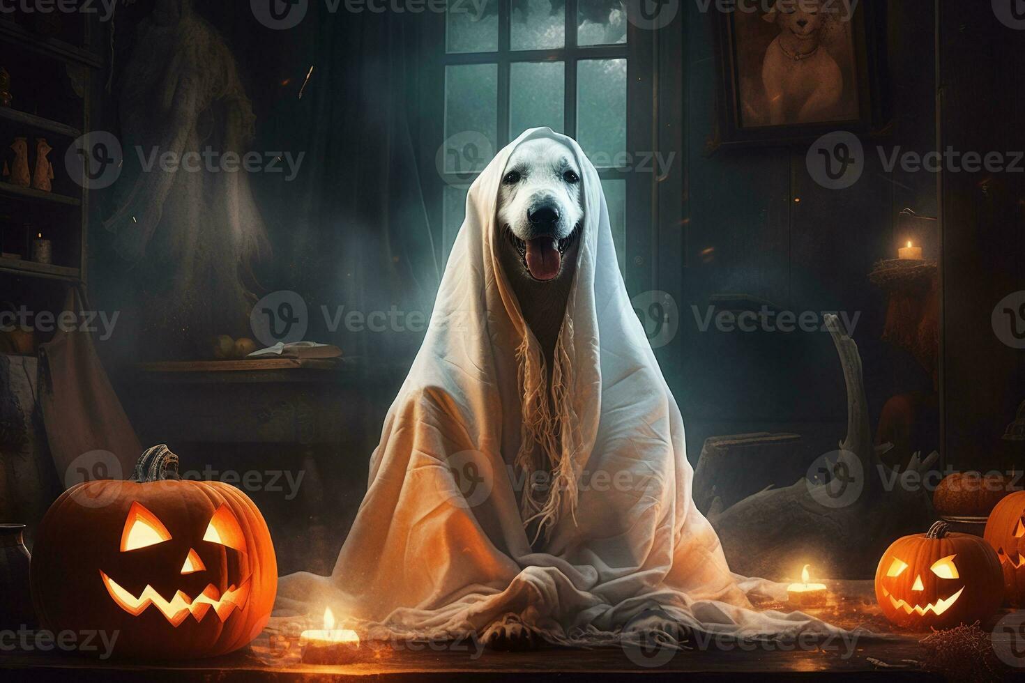 Halloween theme. dog in ghost costume with pumpkins on dark background AI Generated photo
