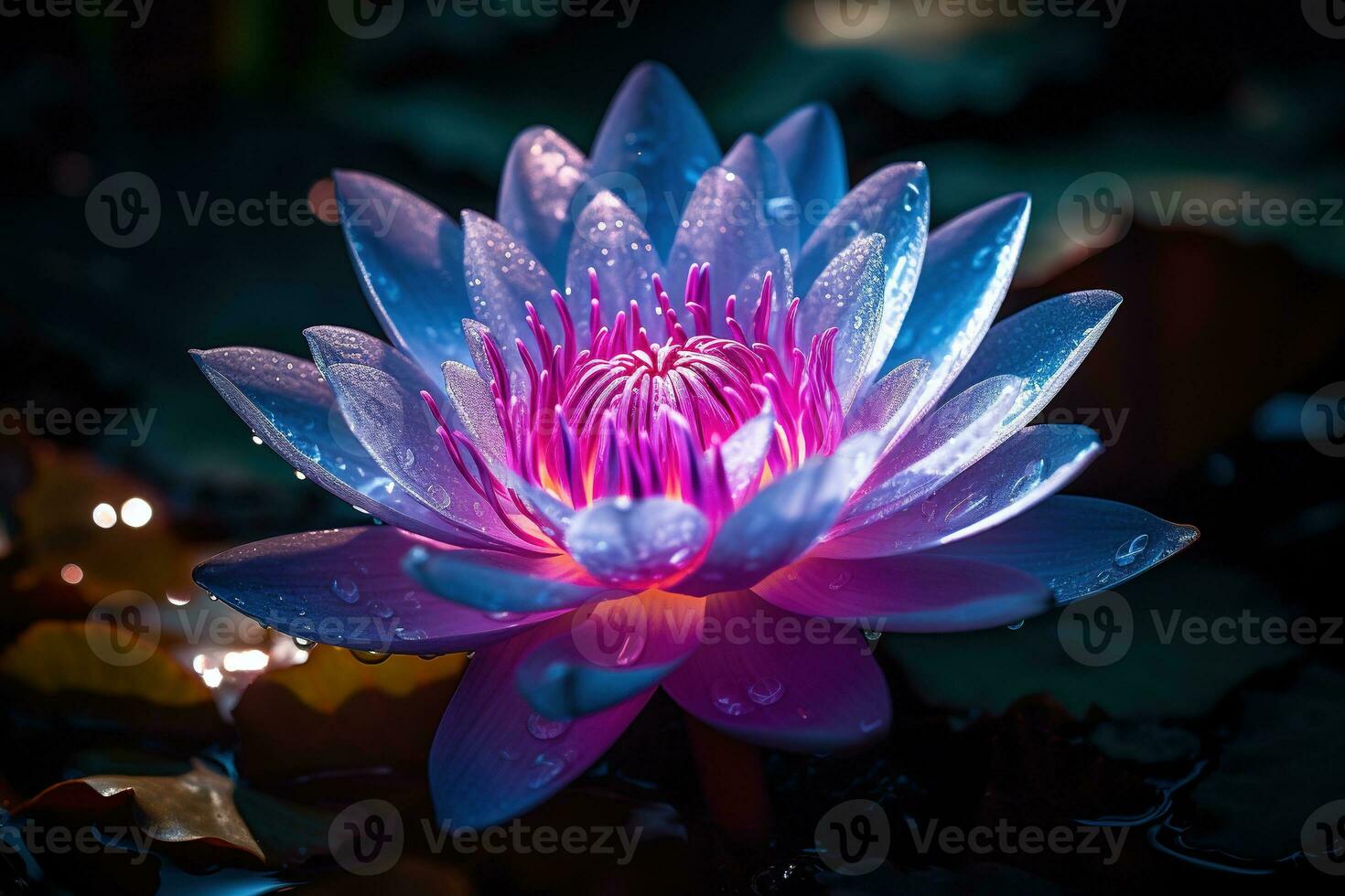 Beautiful pink water lily or lotus flower on dark background AI Generated photo