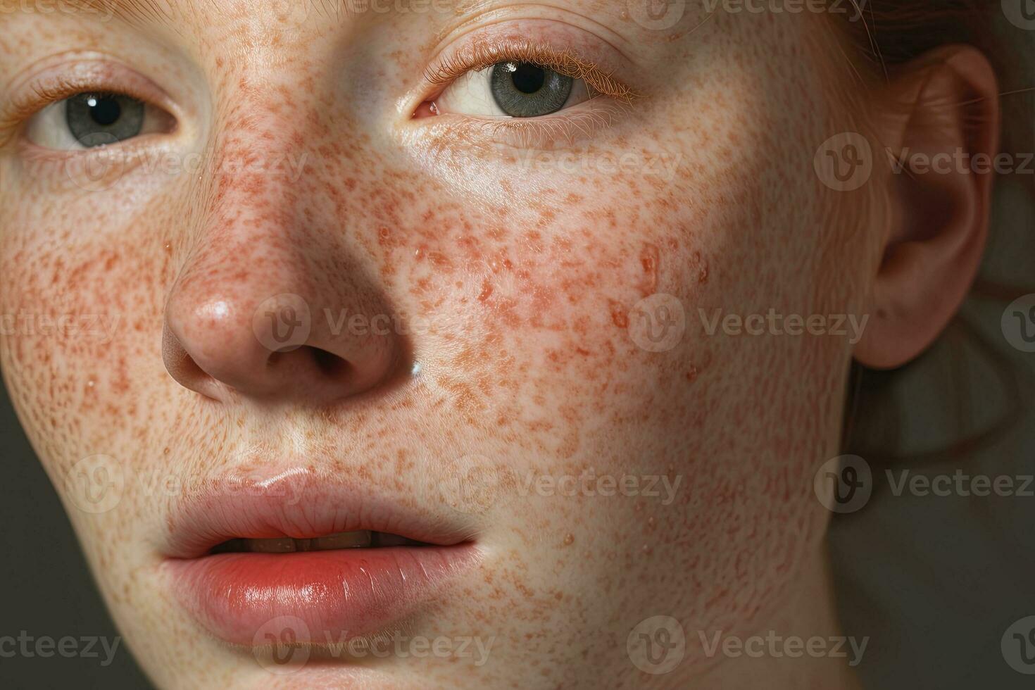 un cerca arriba de un mujer con pecas, rosácea cuperosis enrojecimiento piel ai generado foto