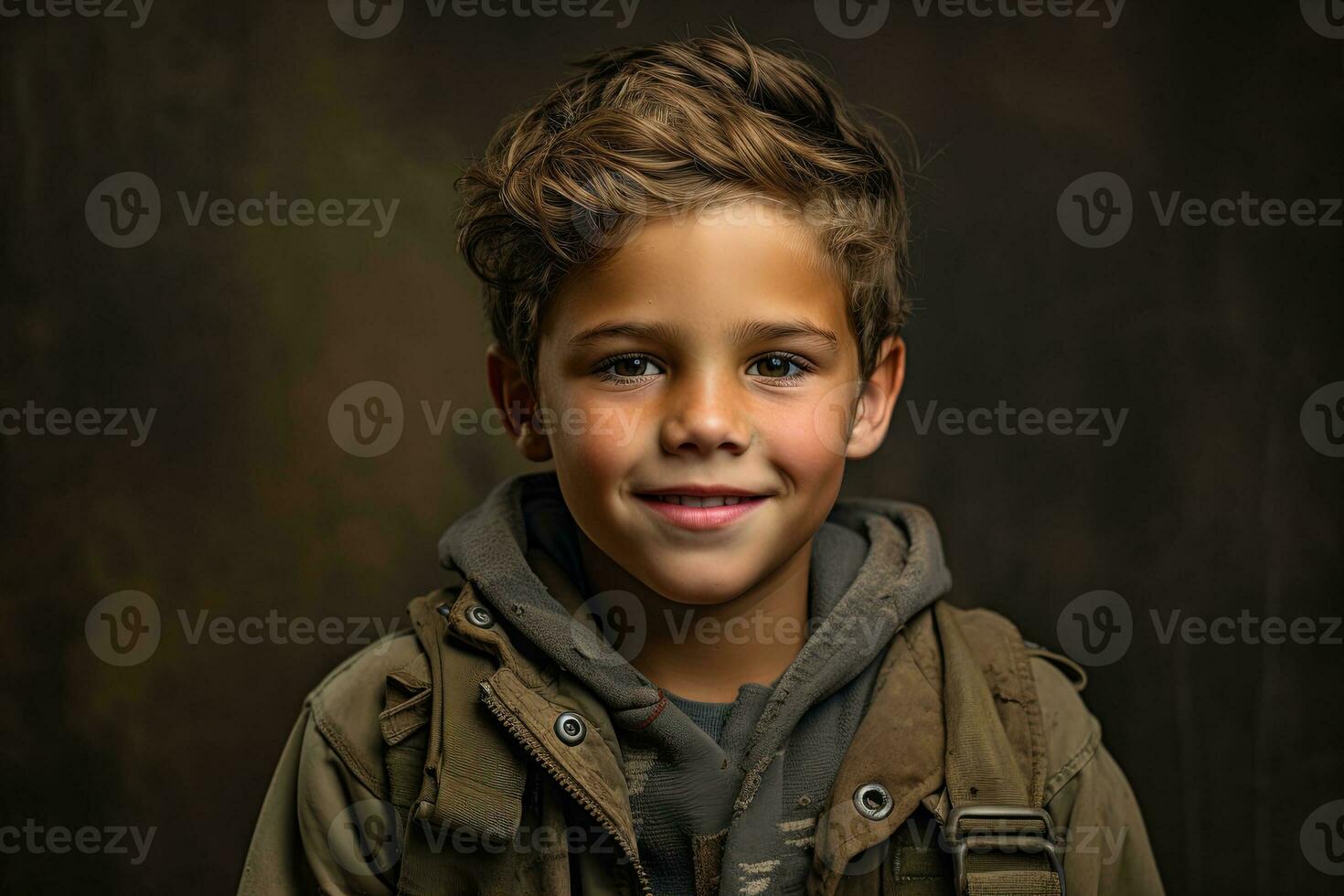 Portrait of a cute little boy in military uniform on dark background AI Generated photo