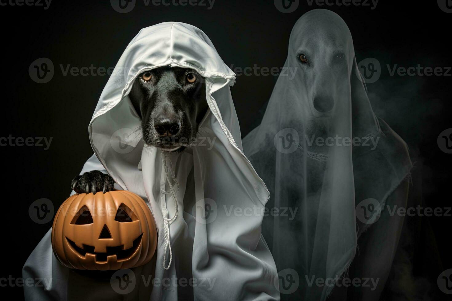 Halloween theme. dog in ghost costume with pumpkins on dark background AI Generated photo