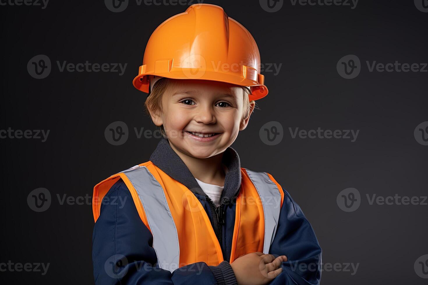 retrato de un linda pequeño chico en un construcción casco ai generado foto