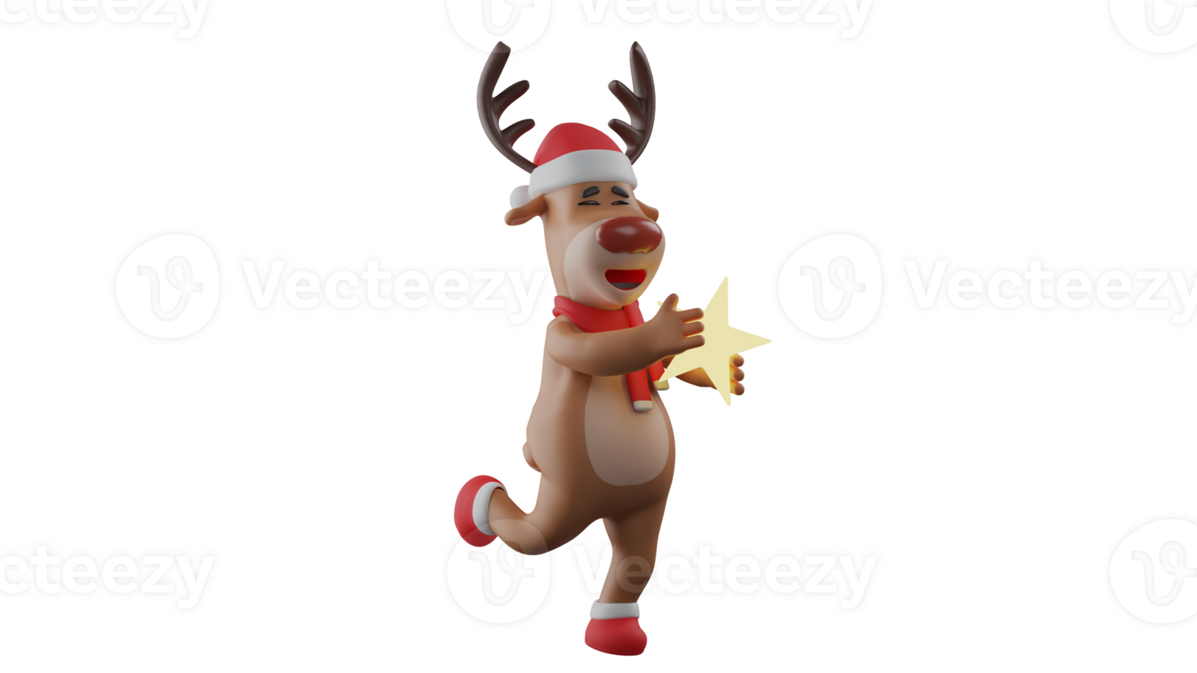 3D illustration. Glowing Deer 3D cartoon character. Christmas deer standing carrying a shining star. Christmas reindeer looks very happy to get the star. Charming Christmas deer. 3D cartoon character png