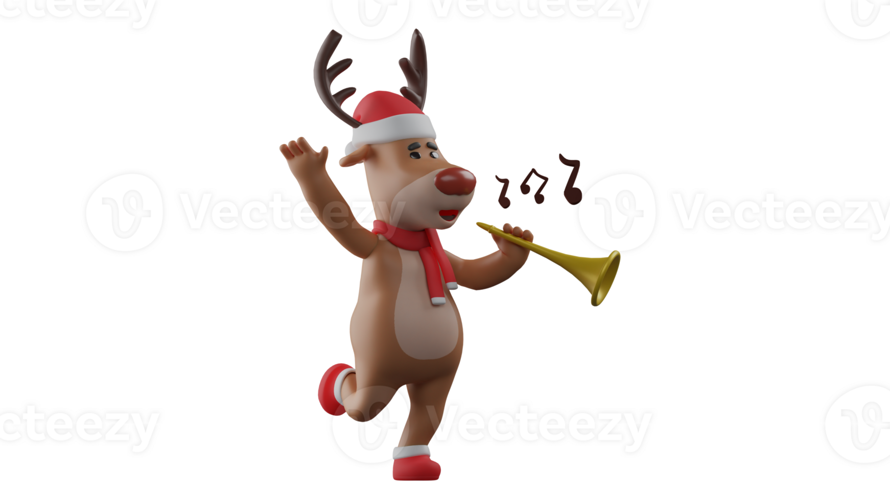 3D illustration. Cute Christmas reindeer 3D cartoon character. Christmas reindeer hopping and holding a trumpet. A great deer will display his ability to play the trumpet. 3D cartoon character png
