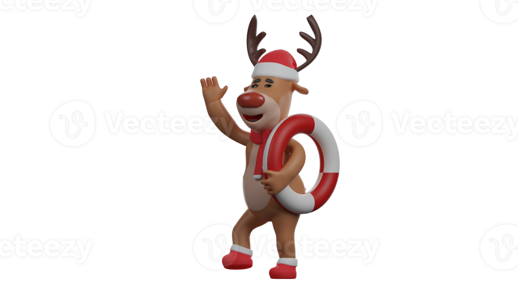 3D illustration. Friendly Deer 3D cartoon character. A Christmas deer stands carrying a red and white float in one hand. Christmas deer waving his hand to a friend he met. 3D cartoon character png