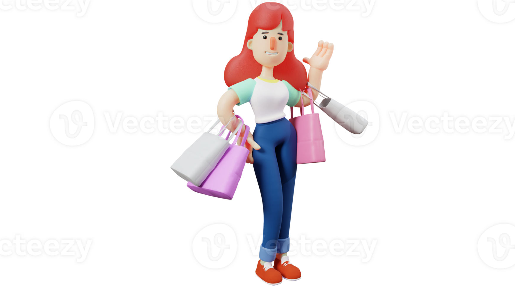 3D illustration. Hedonist Woman 3D Cartoon Character. Women carry lots of colorful shopping bags. Adorable woman showing happy expression. 3D cartoon character png