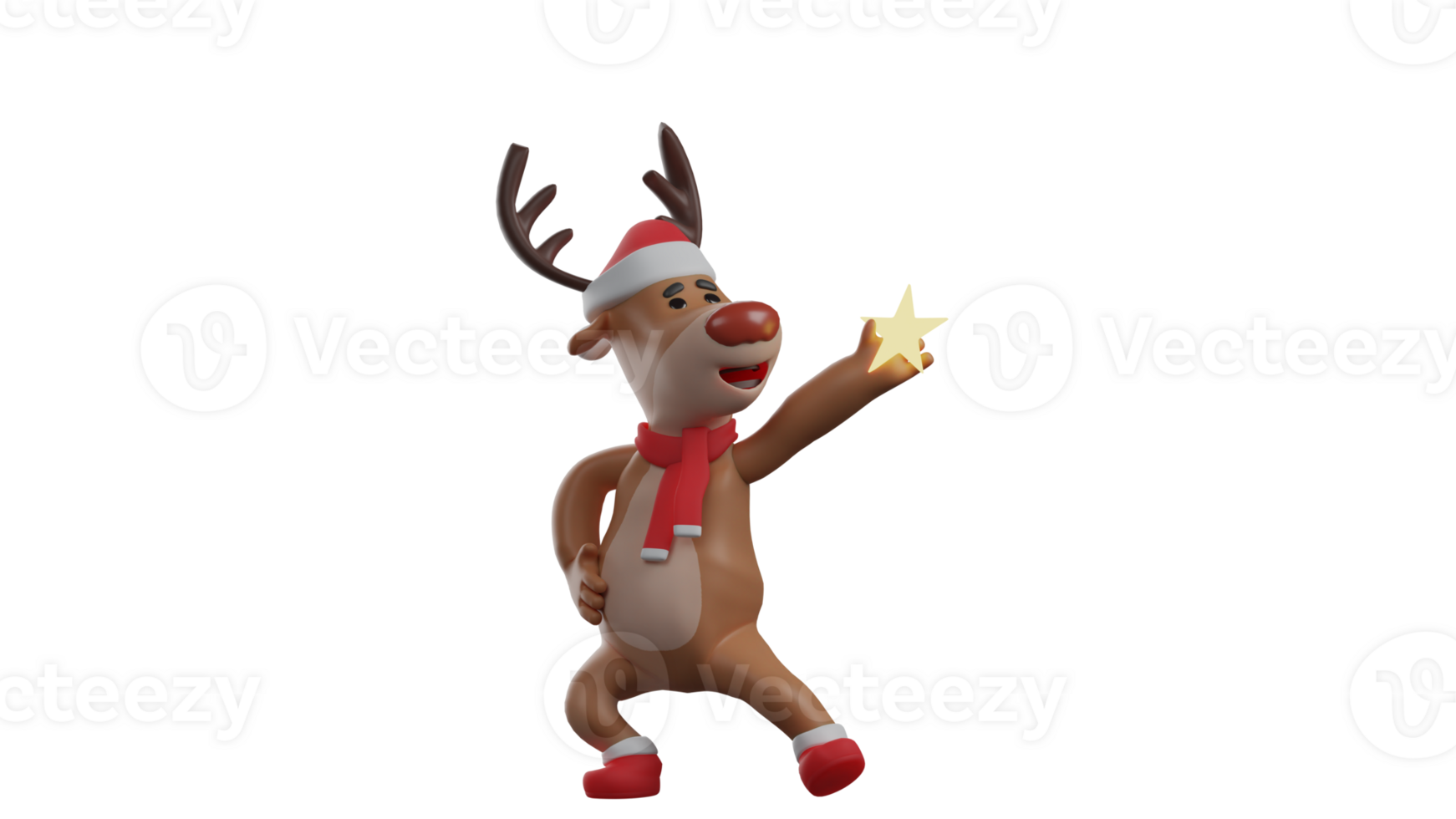 3D illustration. Charming Deer 3D cartoon character. Christmas deer in a pose showing a shining star. The deer watched the star he was holding so amazed. 3D cartoon character png