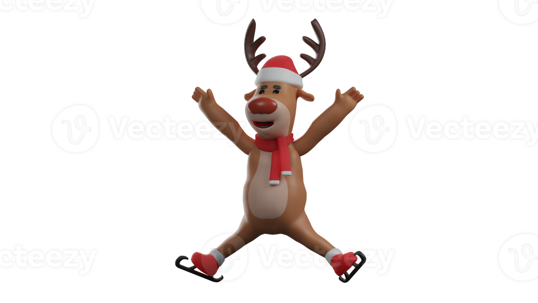 3D illustration. Cheerful Christmas Deer 3D cartoon character. Deer wearing a Christmas scarf and hat looks happy. Christmas deer is in a jumping pose and stretches both arms up. 3D cartoon character png