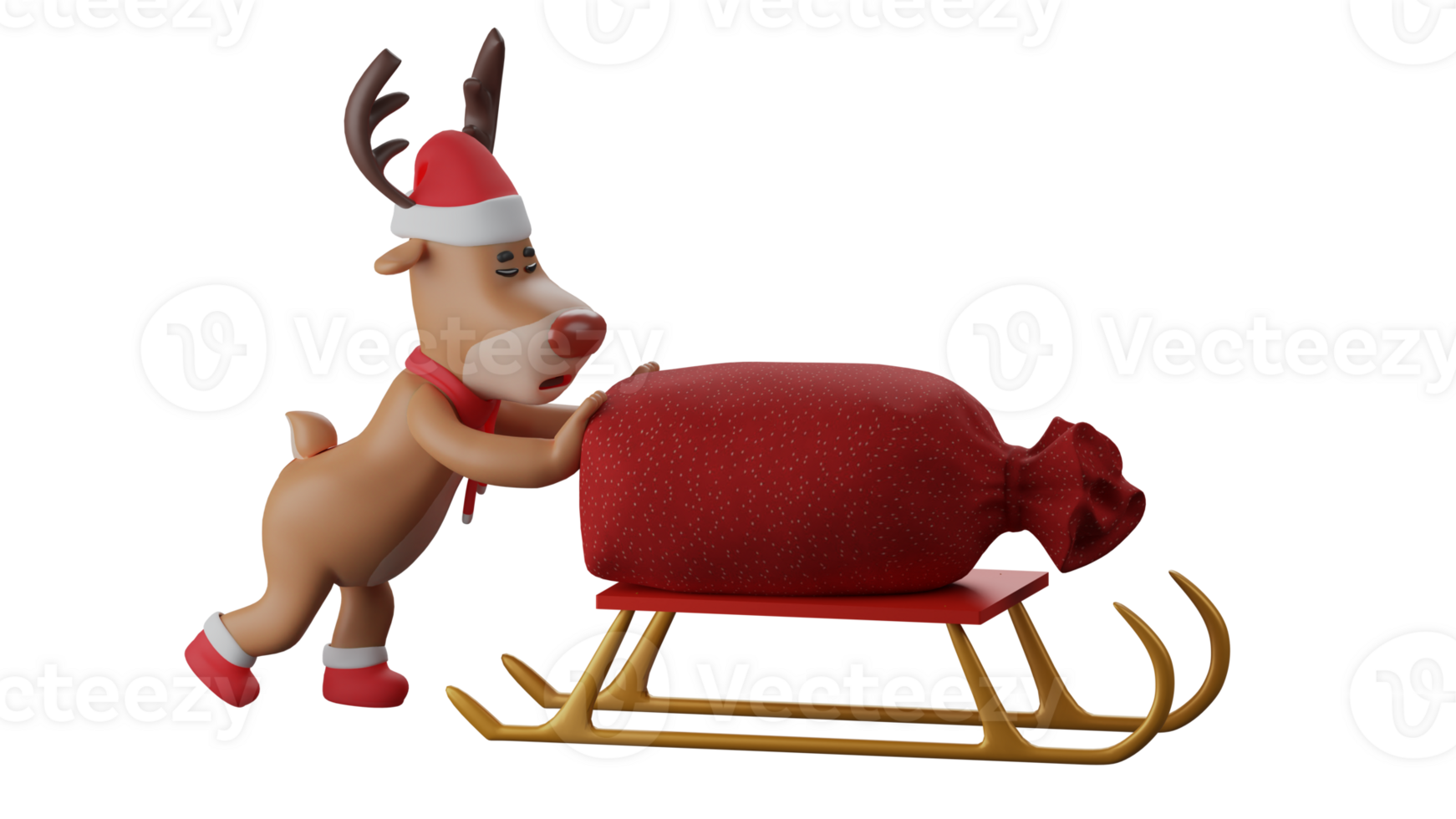 3D illustration. Diligent Deer 3D cartoon character. A kind deer is pushing a sleigh on which is a red sack filled with gifts. Reindeer bringing Christmas gifts. 3D cartoon character png