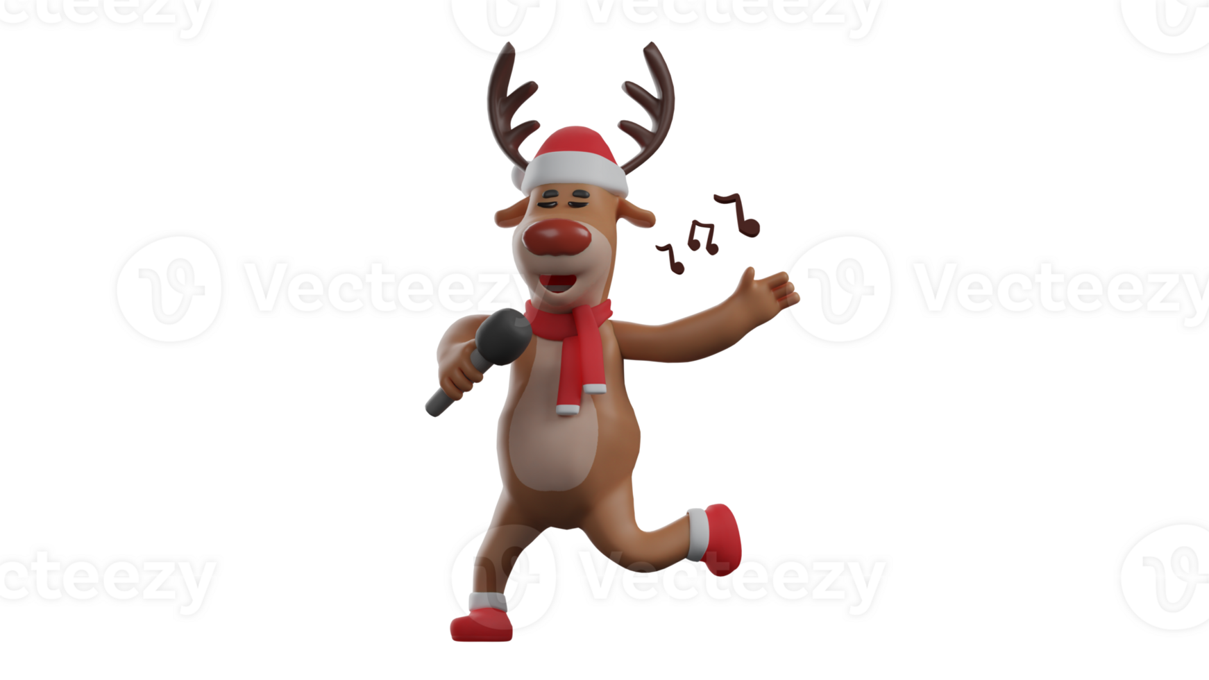3D illustration. Talented Deer 3D cartoon character. The deer jumped happily while holding the microphone. Deer is singing a song at the Christmas celebration. 3D cartoon character png