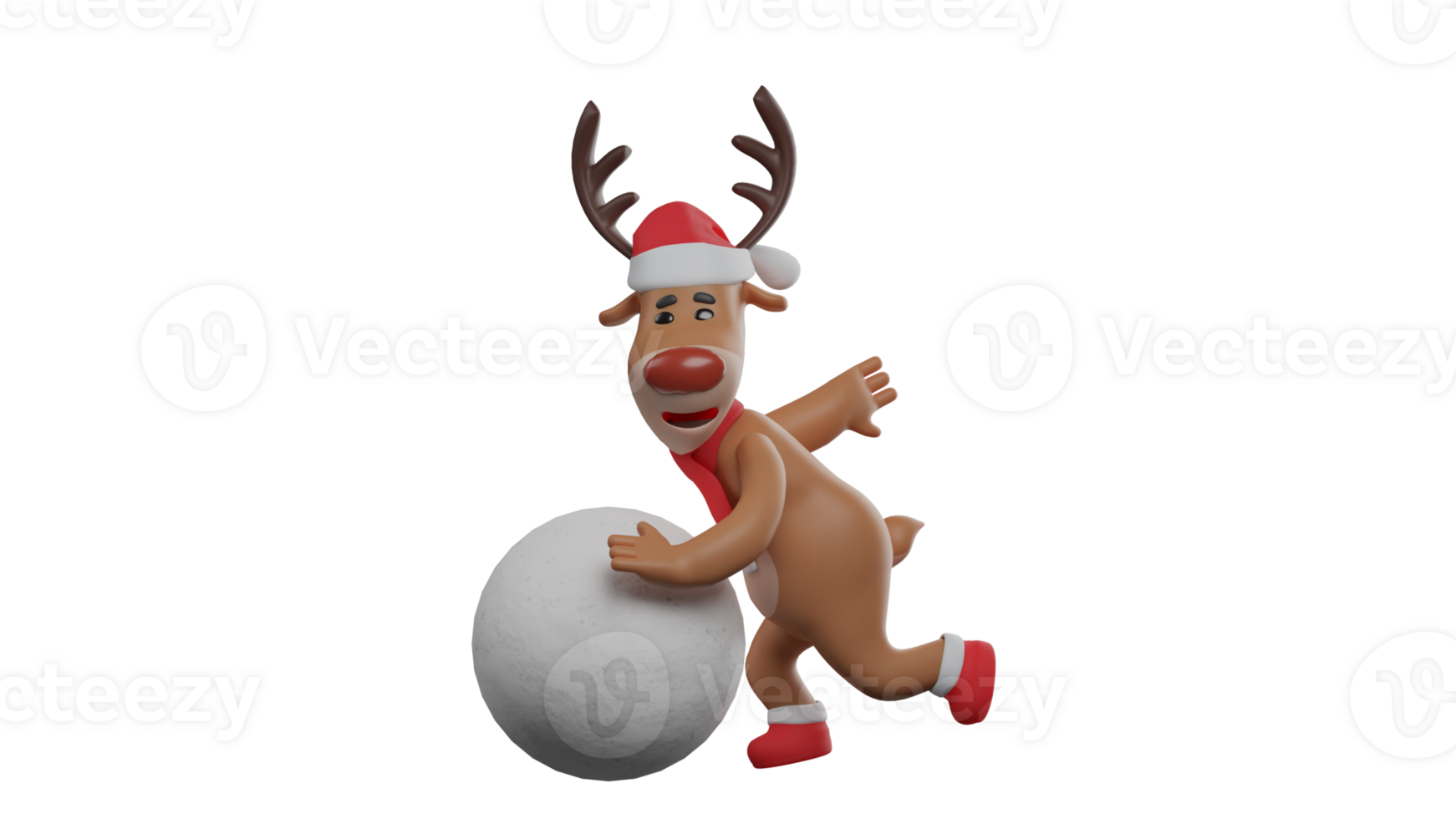 3D illustration. Christmas Deer 3D cartoon character. Deer is pushing a giant snowball. Deer is enjoying winter in his environment. Reindeer wearing a Christmas scarf and hat. 3D cartoon character png