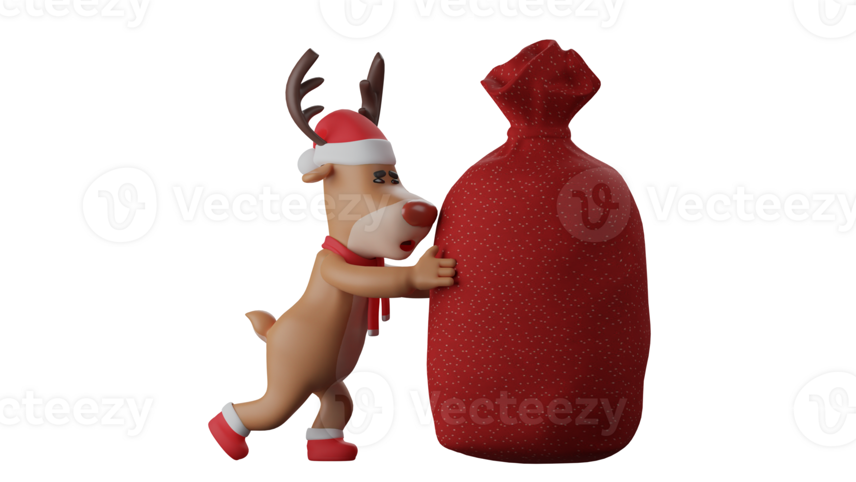 3D illustration. Christmas Deer 3D cartoon character. Deer pushing a gift big sack. Deer pushing a big red Christmas sack. Deer will bring the sack to the Christmas party. 3D cartoon character png