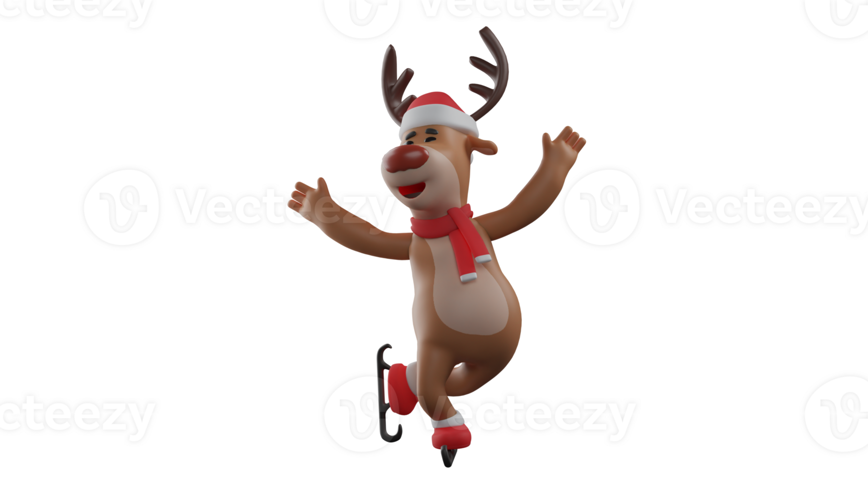 3D illustration. Cute Deer 3D cartoon character. Christmas reindeer hopping for joy. The deer shows a happy expression. Very expressive Christmas reindeer. 3D cartoon character png