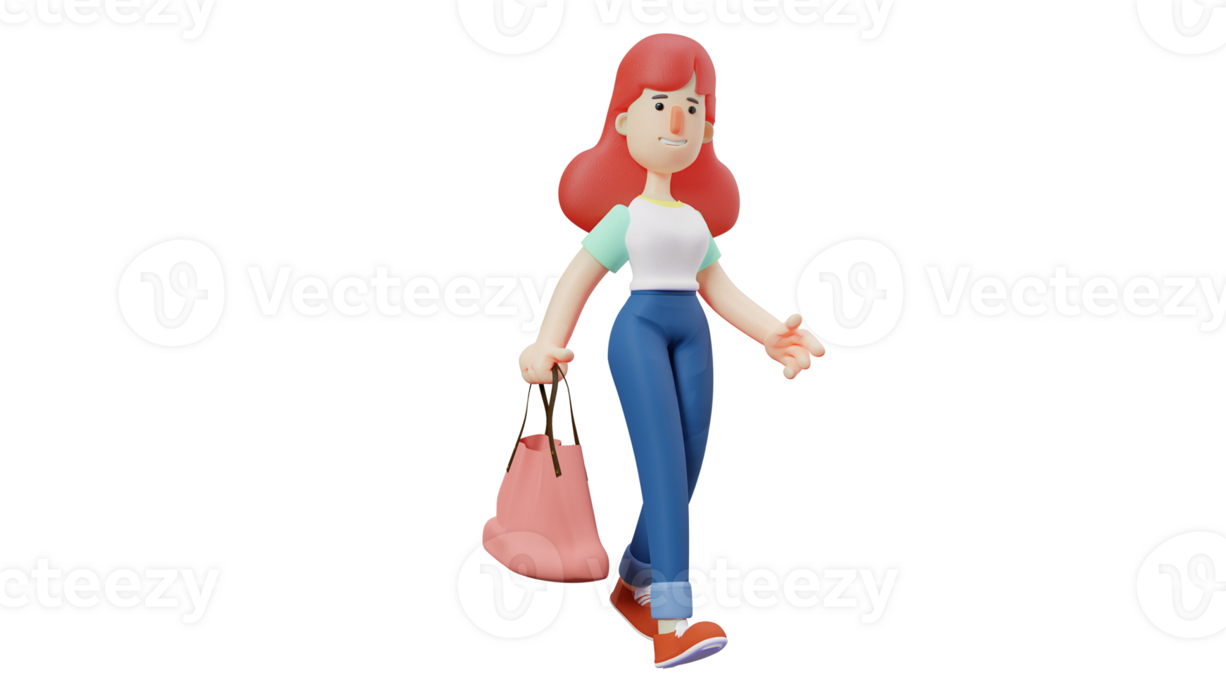 3D illustration. Business Woman 3D Cartoon Character. Beautiful woman in walking pose. Business woman walking while carrying a big pink bag. Woman going to meet her client. 3D cartoon character png