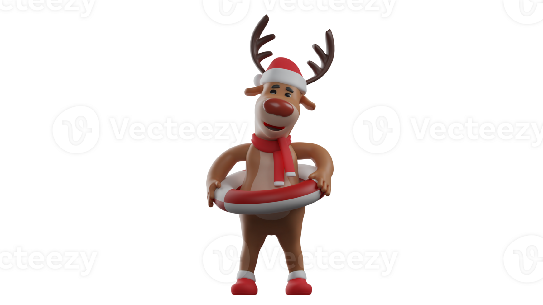 3D illustration. Deer 3D cartoon character. Christmas deer is standing while wearing a red and white float. Christmas deer going for a swim. Deer smiles sweetly and looks happy. 3D cartoon character png