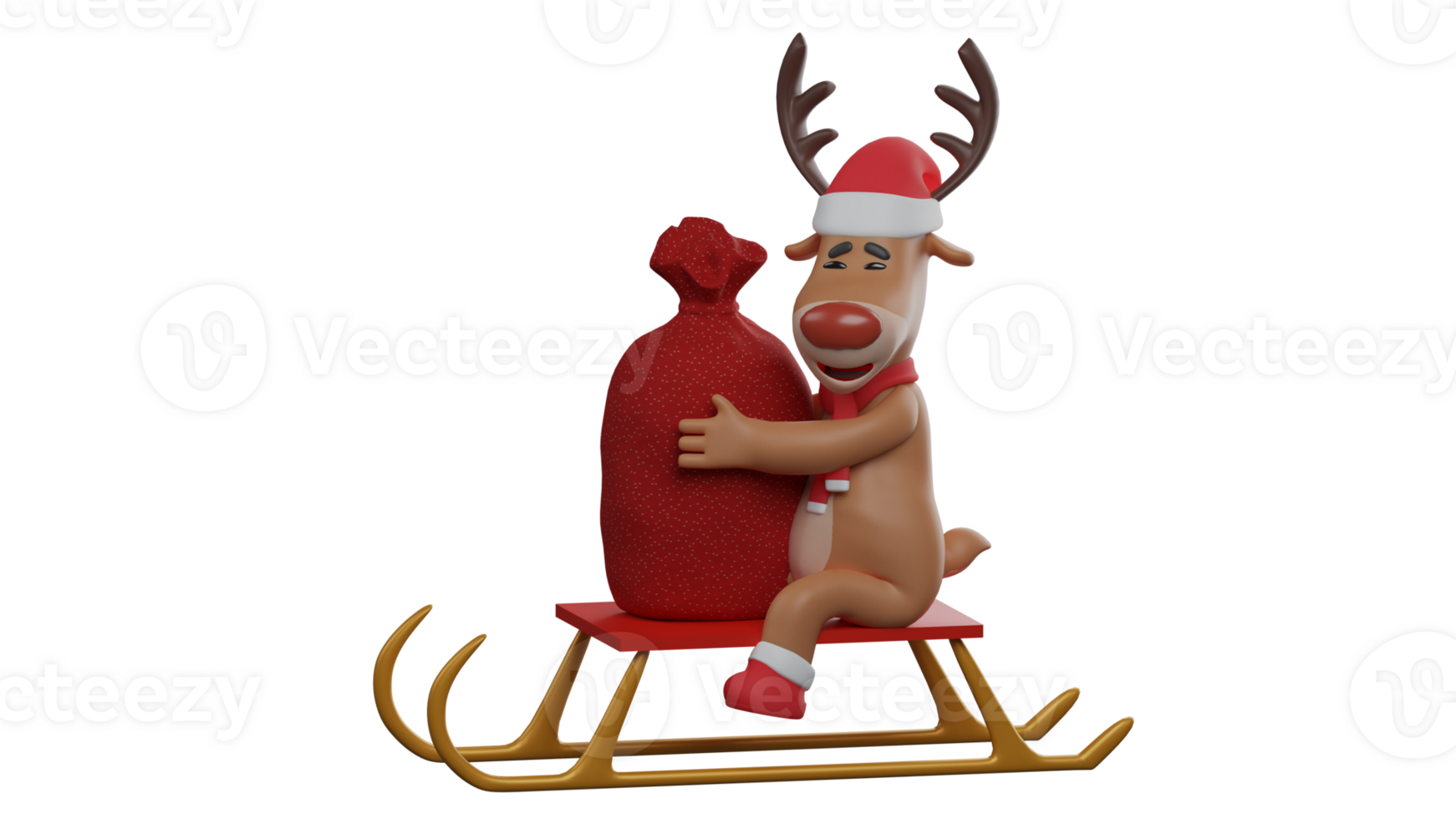 3D illustration. Cute Deer 3D cartoon character. Christmas deer sitting on a surf sleigh. A Christmas deer sits hugging a red sack filled with gifts to be distributed to children. 3D cartoon character png