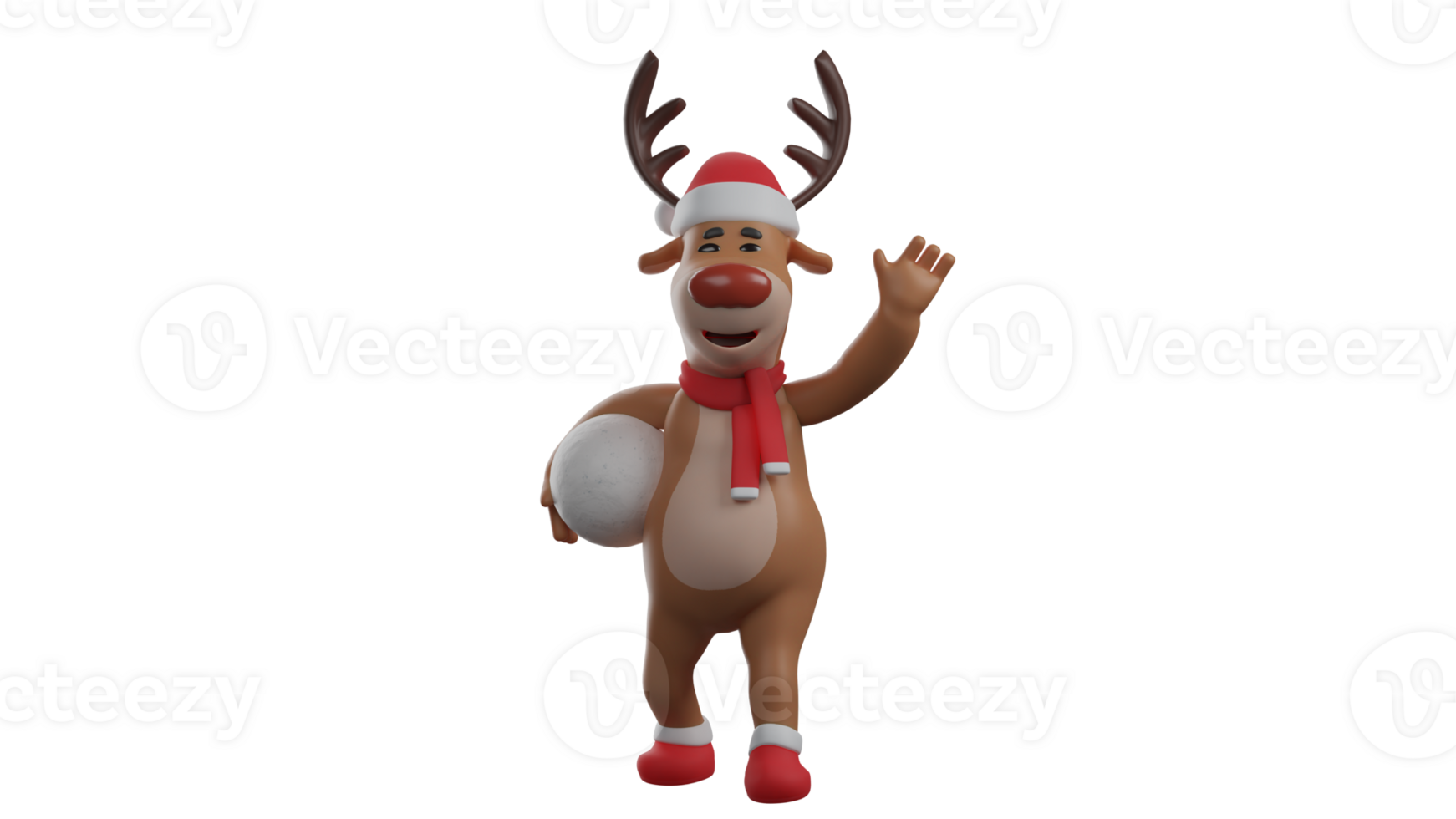 3D illustration. Happy Deer 3D cartoon character. Christmas deer carrying snow with one hand. Deer showed a sweet smile to someone he met. Christmas reindeer playing in the snow. 3D cartoon character png