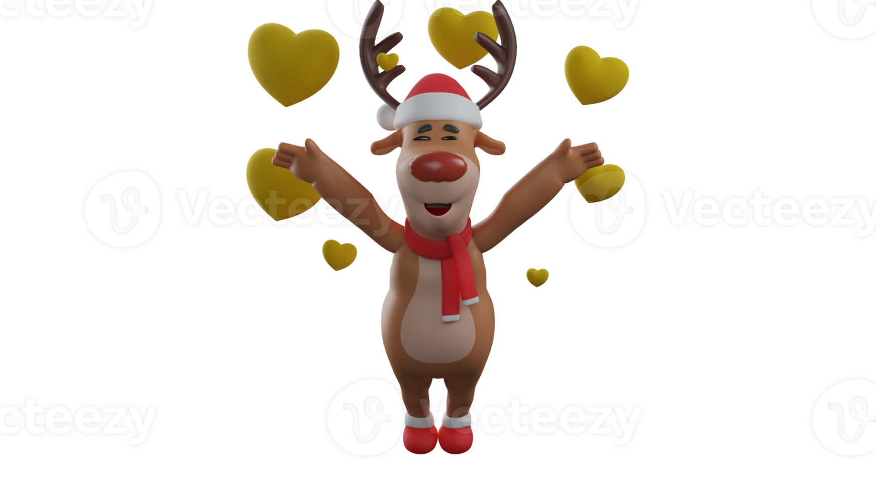 3D illustration. Happy Christmas Reindeer 3D cartoon character. The deer spread his hands while smiling sweetly. Christmas reindeer surrounded by many yellow love symbols. 3D cartoon character png