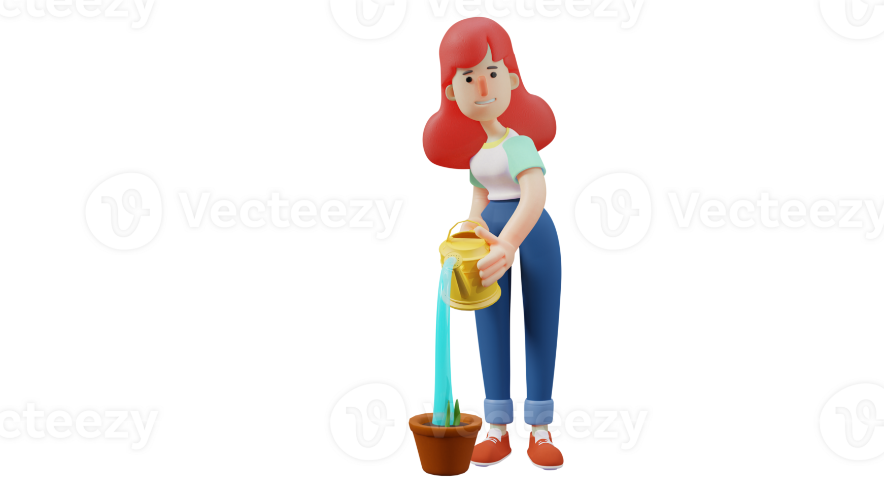 3D Illustration. Diligent Girl 3D cartoon character. A woman is flushing plants in pots. Beautiful women who like to care for plants in front of the house. 3D cartoon character png