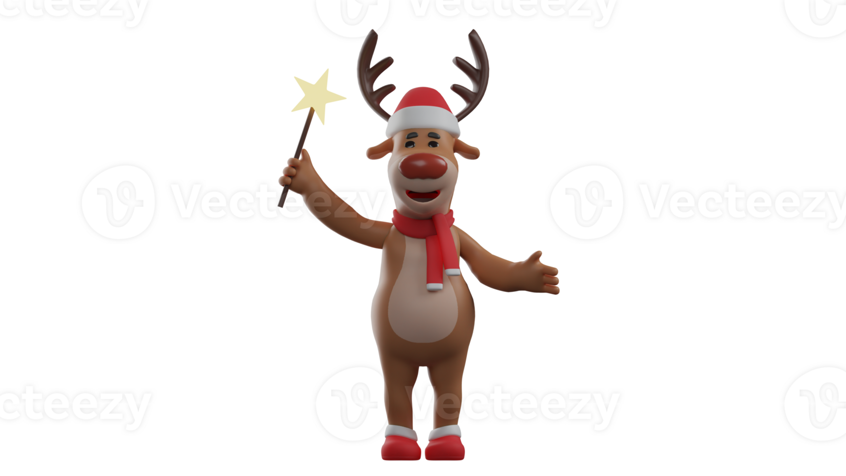 3D illustration. Christmas Deer 3D cartoon character. Christmas deer standing holding a shining star wand. Adorable deer showing the stick he brought to the Christmas celebration. 3D cartoon character png