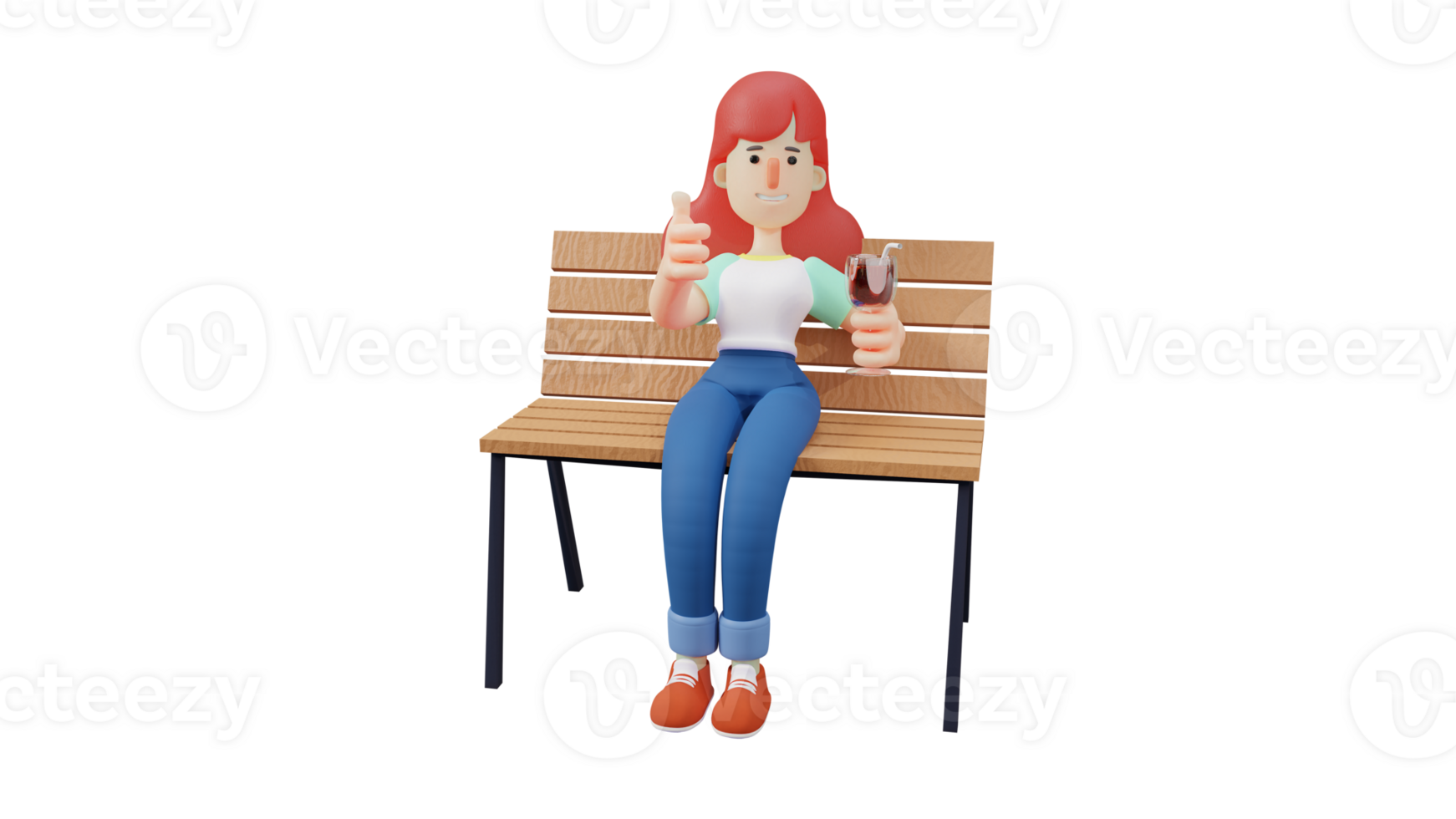 3d ilustración. encantador mujer 3d dibujos animados personaje. hermosa mujer sentado en un largo de madera silla. mujer sentado con un vaso de frío bebida en su mano. 3d dibujos animados personaje png