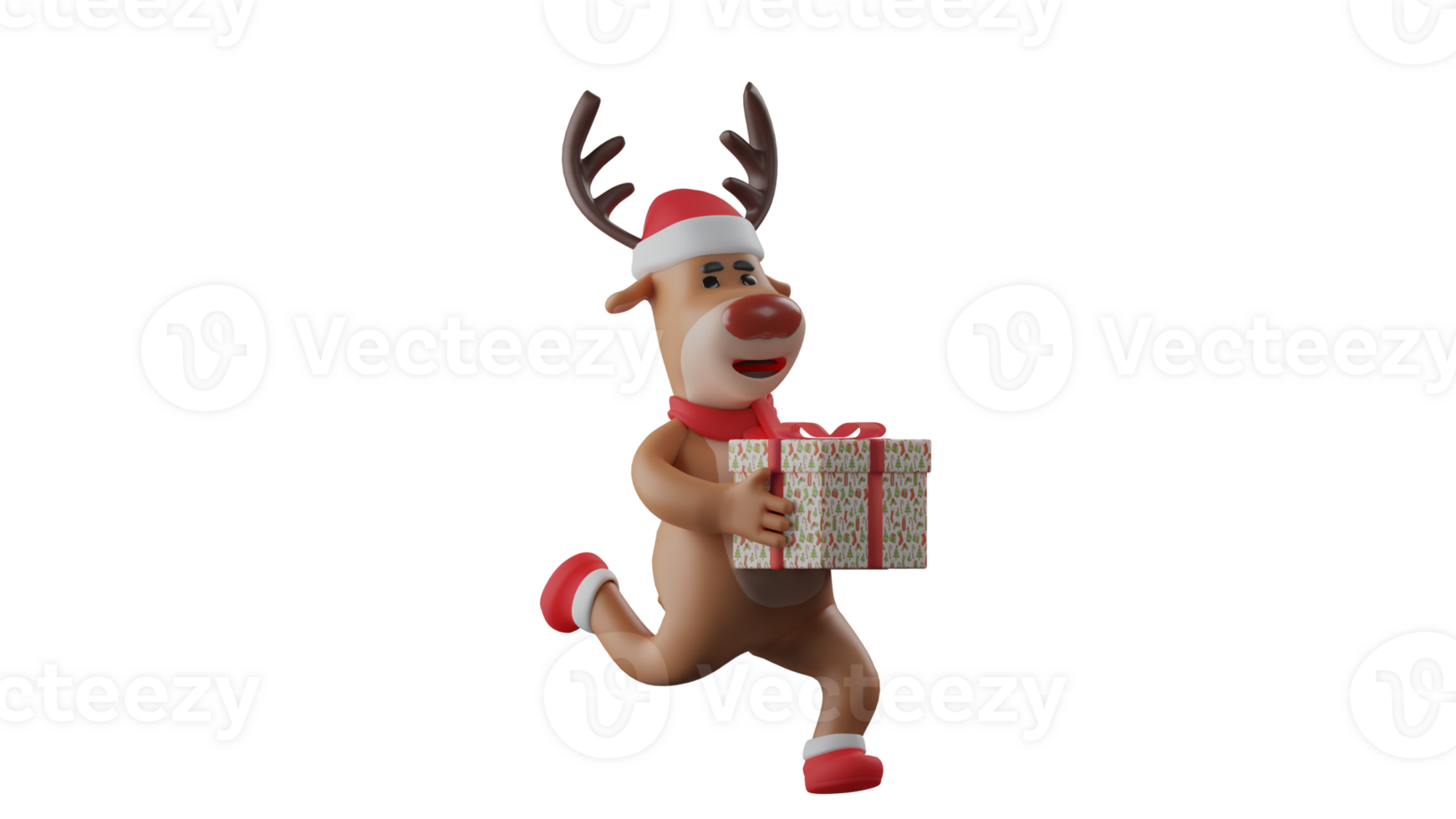 3D illustration. Christmas Deer 3D cartoon character. Christmas deer in a pose running while carrying a gift box. Adorable deer will bring gifts to Christmas celebrations. 3D cartoon character png