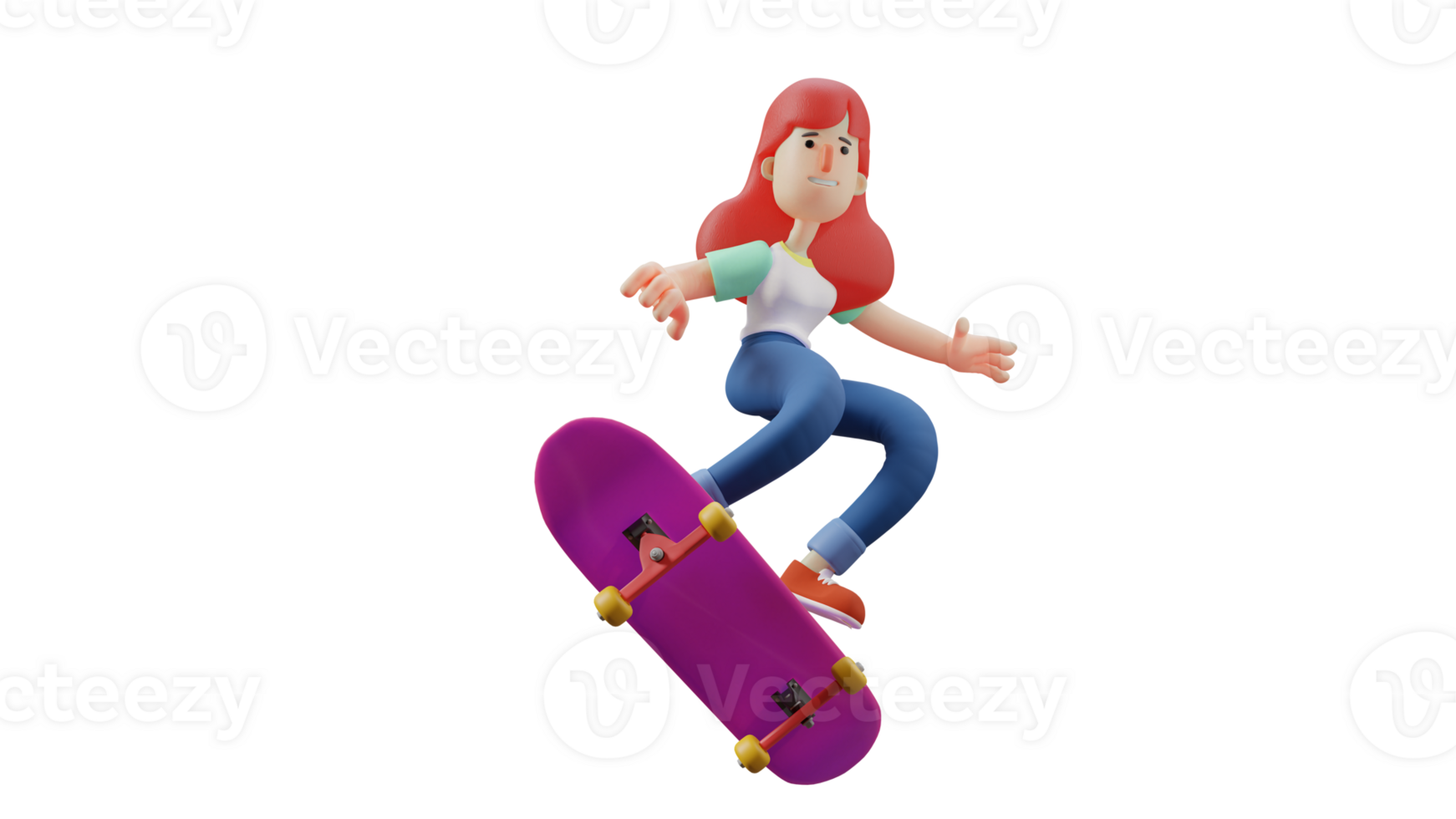 3D illustration. Cool Girl 3D Cartoon Character. Girl playing skateboard. Casually dressed woman showing happy expression. Young woman doing her hobby. 3D cartoon character png