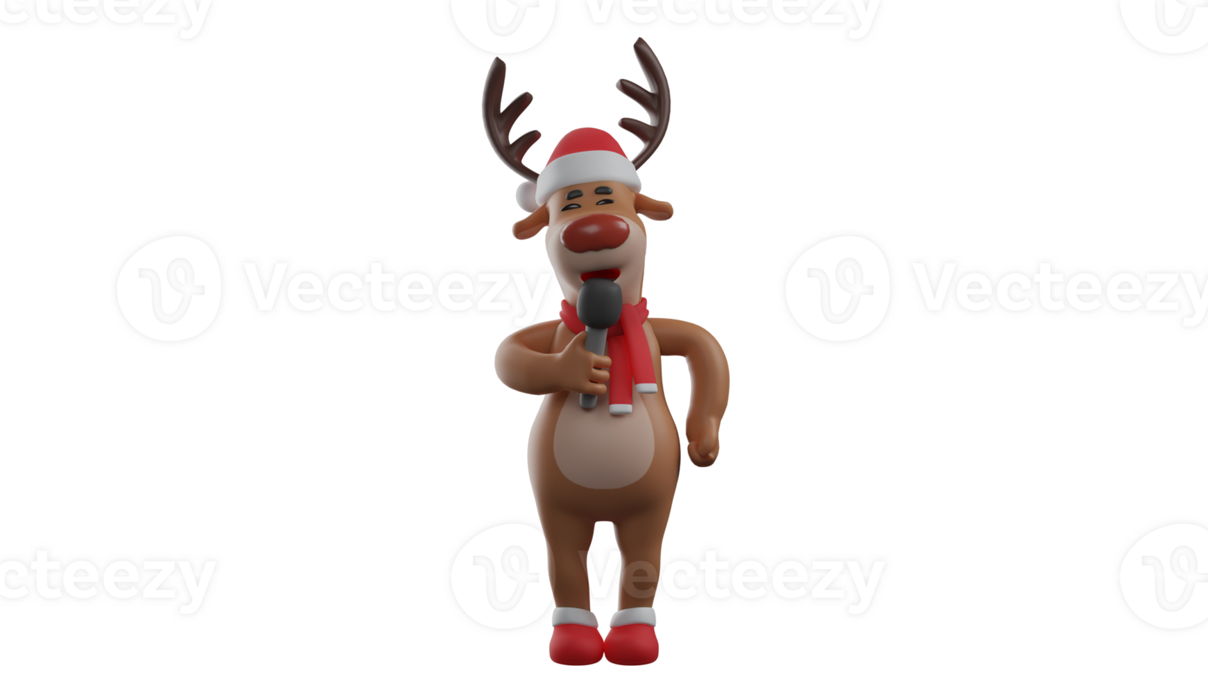 3D illustration. Cute Christmas Deer 3D cartoon character. Reindeer wearing scarf and christmas hat. Deer show up at the Christmas party and give a stunning singing performance. 3D cartoon character png