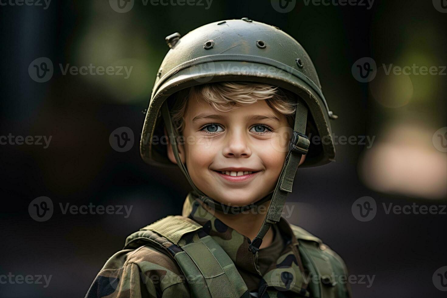 retrato de un linda pequeño chico en militar uniforme en oscuro antecedentes ai generado foto