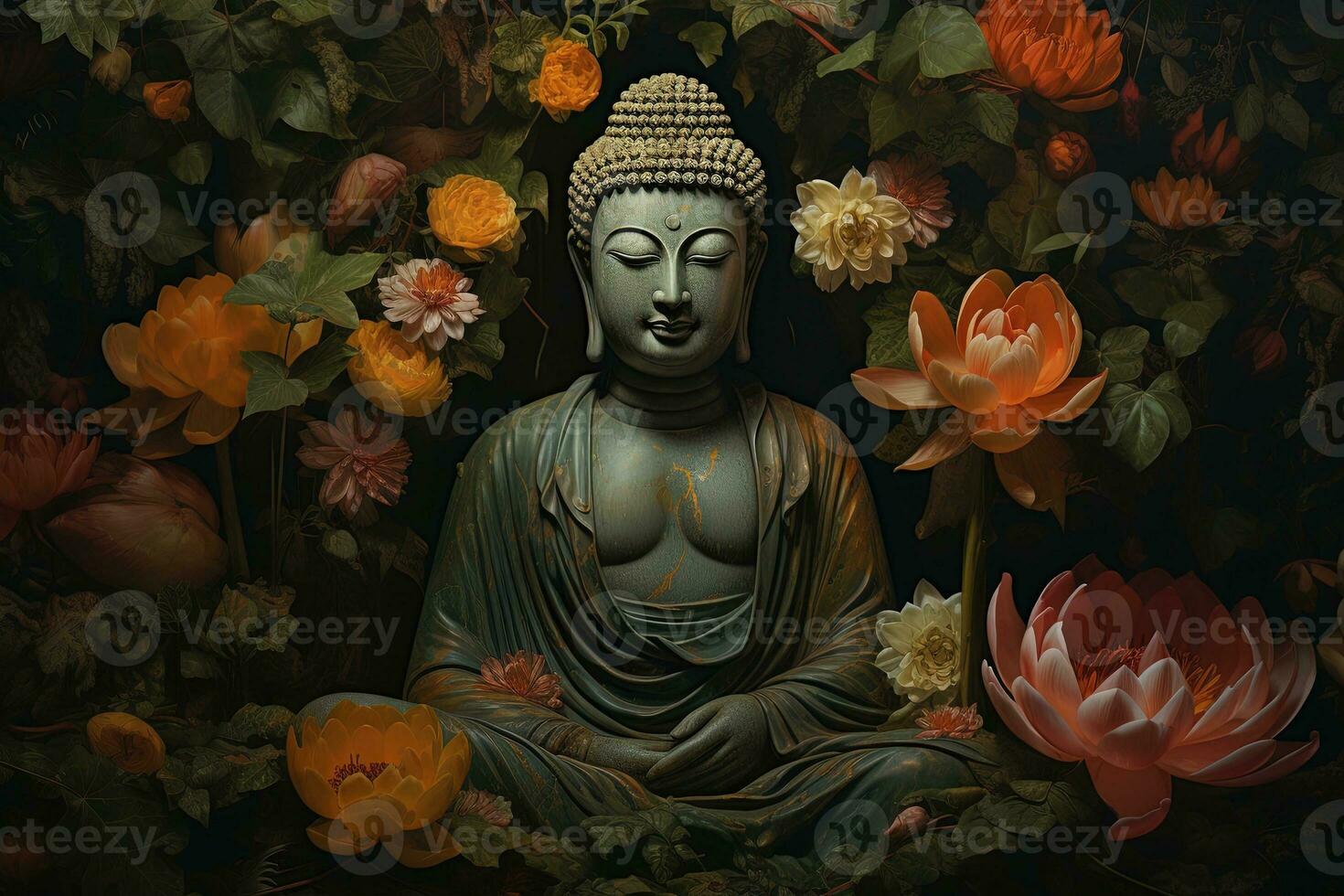Buddha statue with lotus flower and green leaves background AI Generated photo