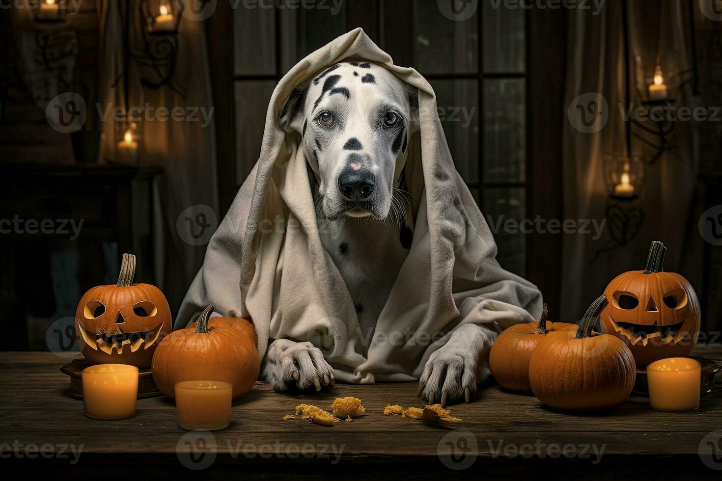 Halloween theme. dog in ghost costume with pumpkins on dark background AI Generated photo