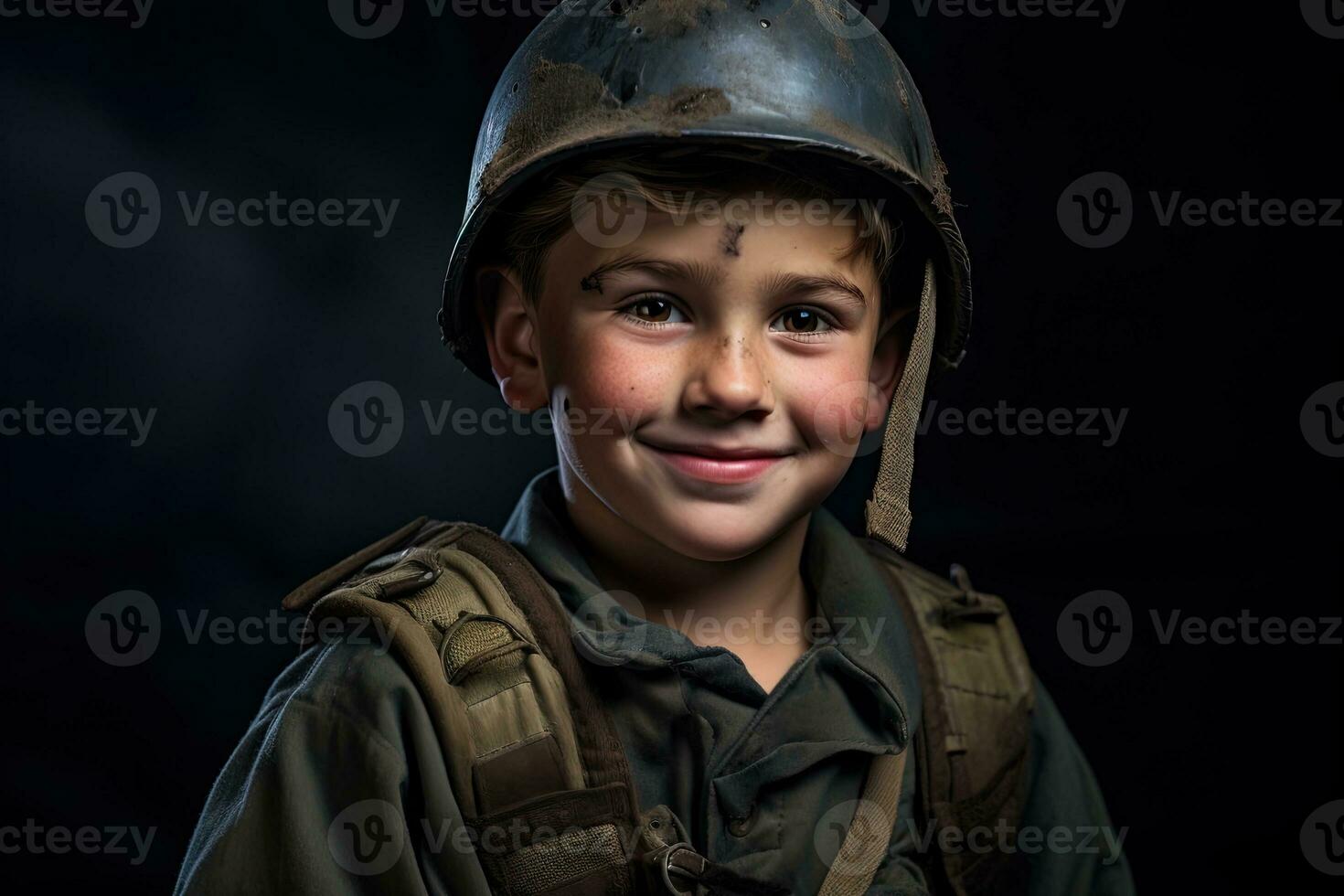 retrato de un linda pequeño chico en militar uniforme en oscuro antecedentes ai generado foto