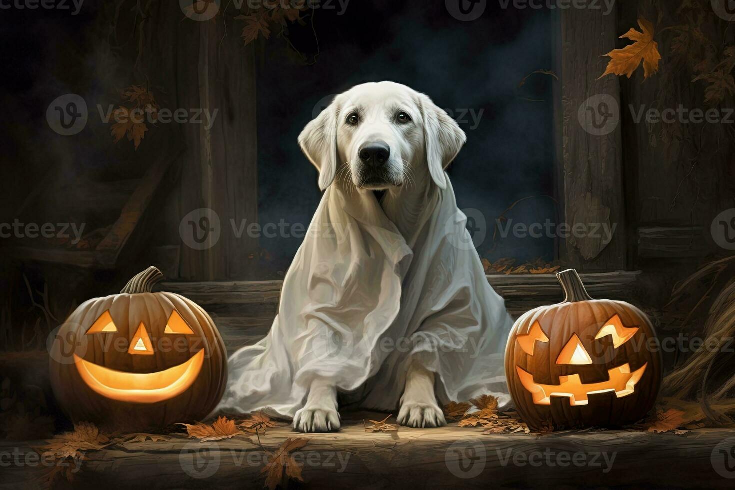 Halloween theme. dog in ghost costume with pumpkins on dark background AI Generated photo