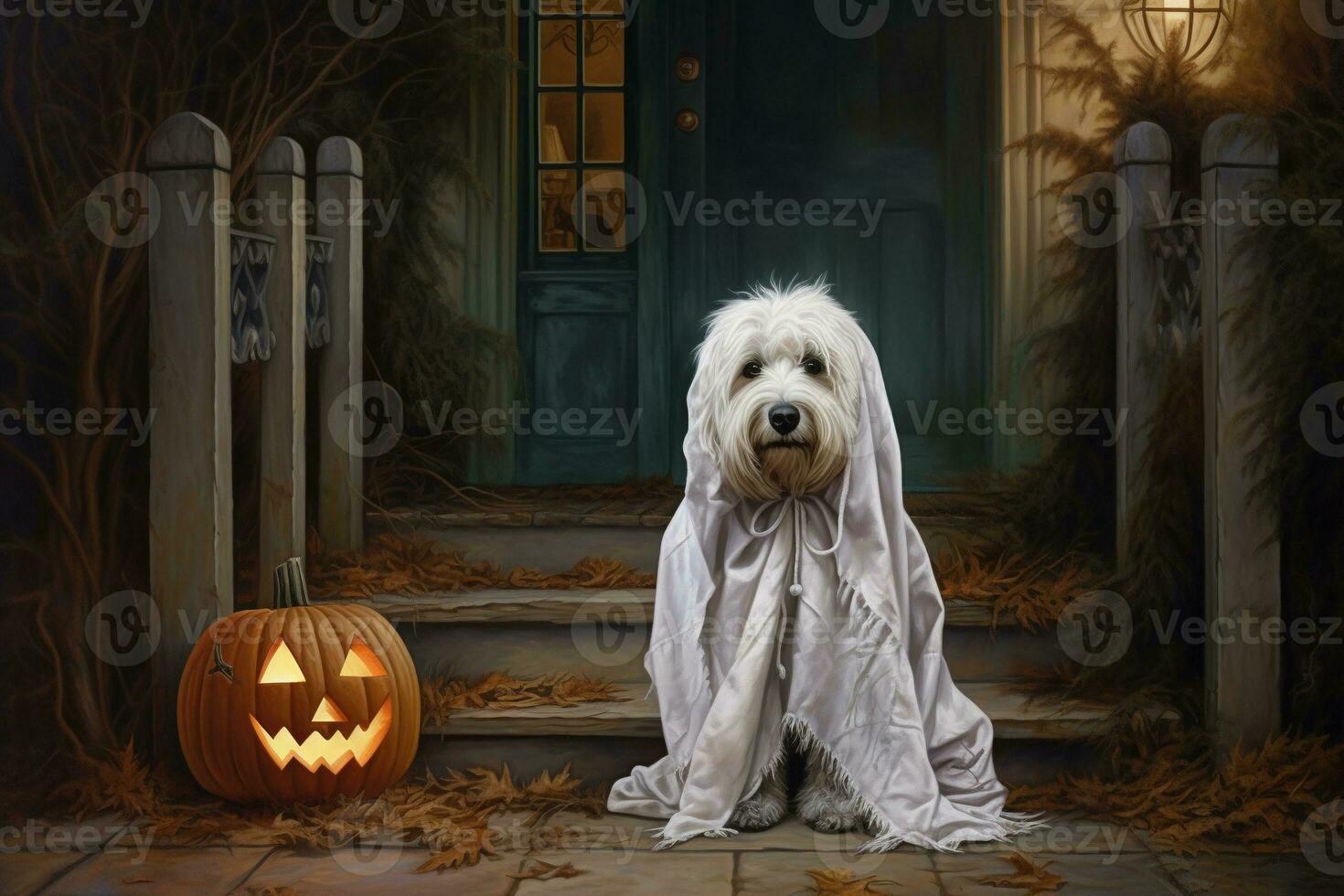Halloween theme. dog in ghost costume with pumpkins on dark background AI Generated photo