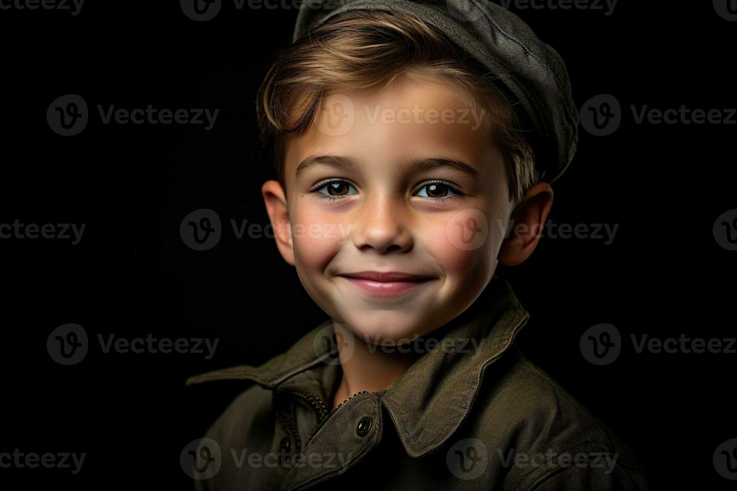 retrato de un linda pequeño chico en militar uniforme en oscuro antecedentes ai generado foto