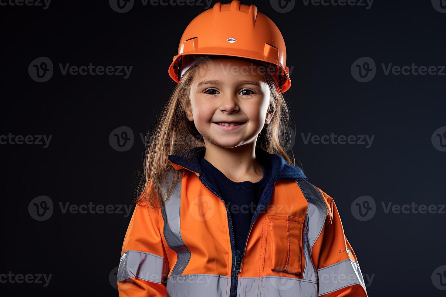 Portrait of a smiling little girl in a construction helmet photo