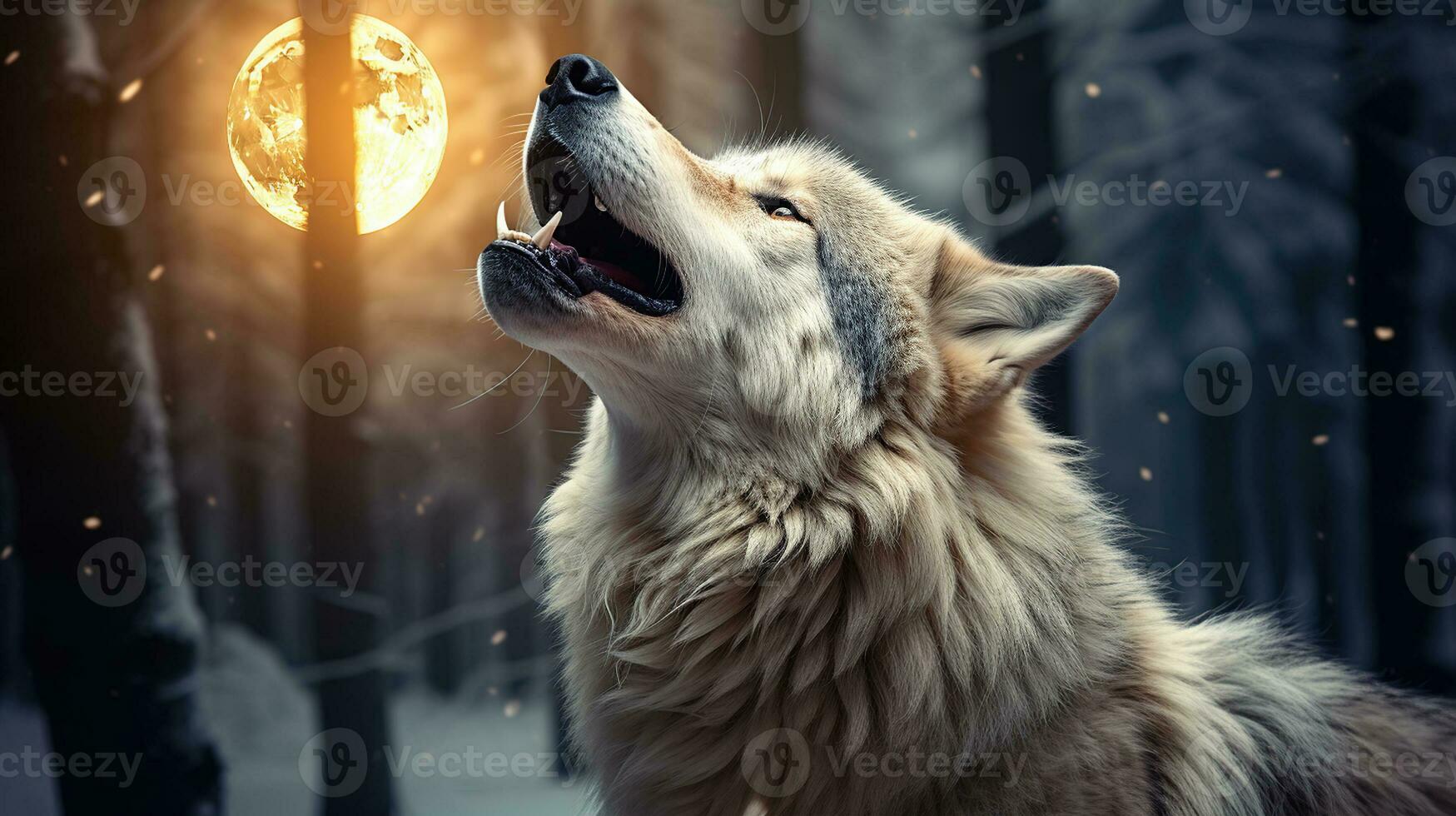 Wild Symphony, A gray wolf in a winter forest howls at the moon at night photo