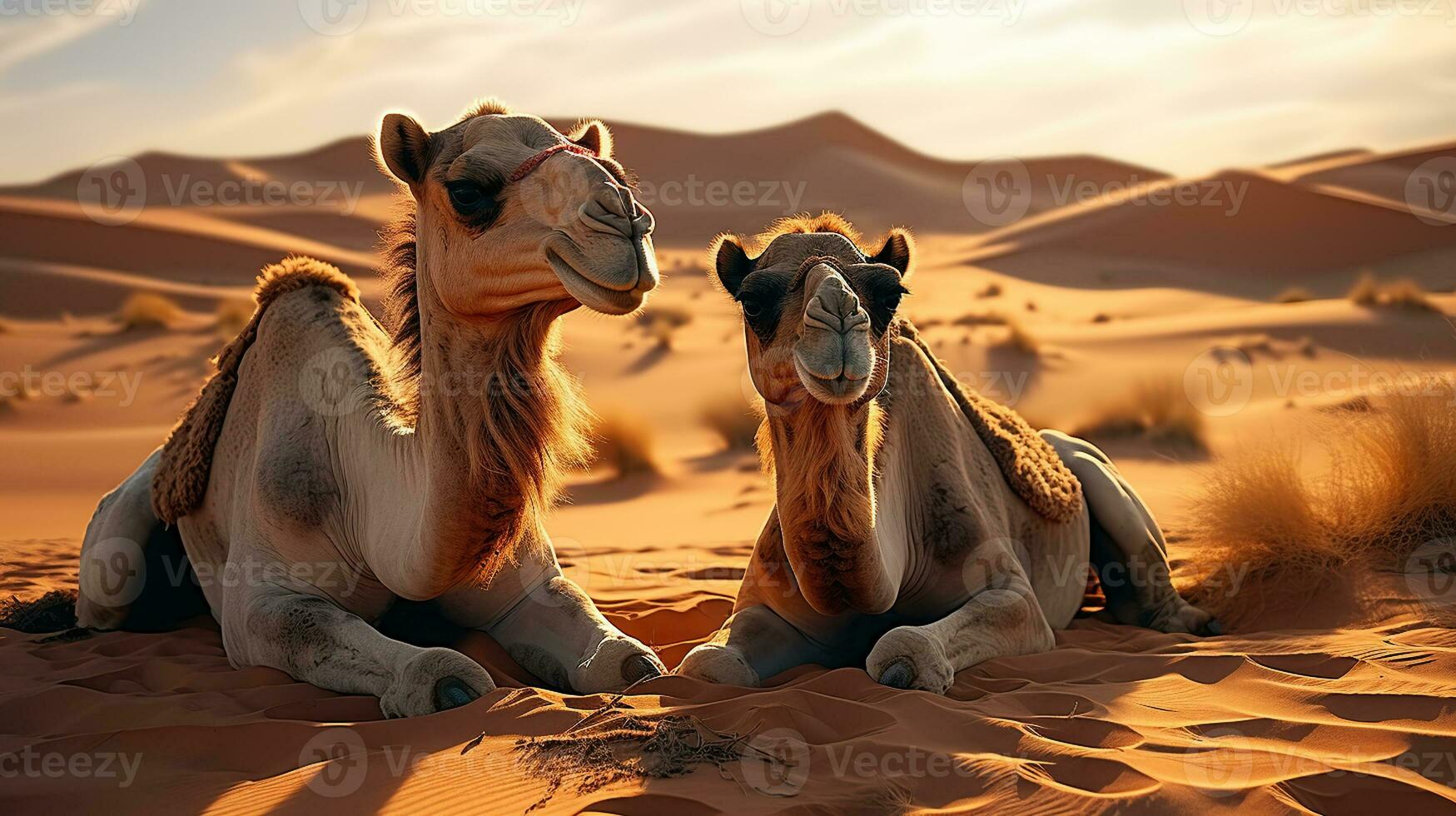 Two camels resting in the desert sand. Generative AI photo