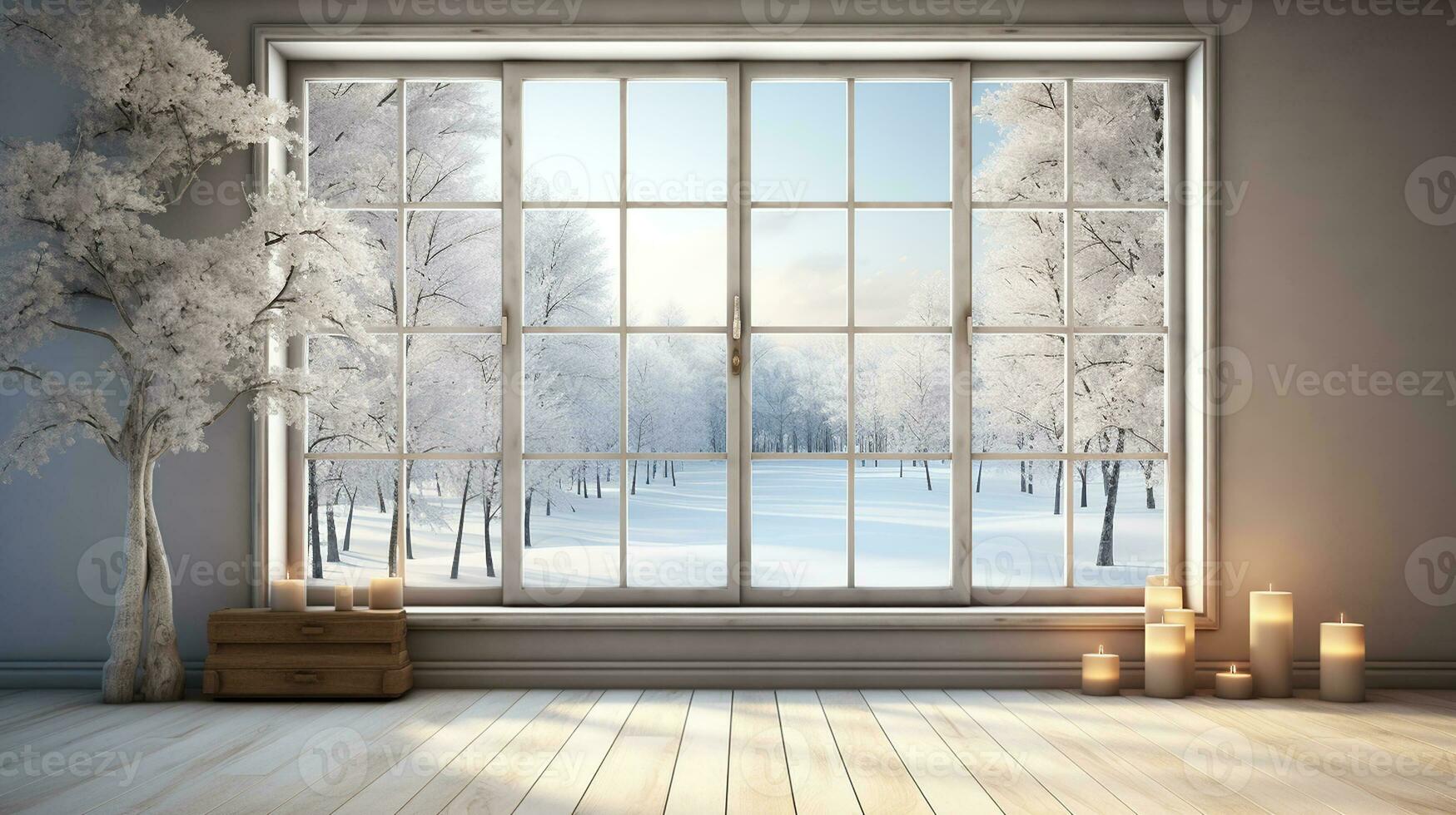 Scandinavian Serenity, Winter Wonderland View Through White Room's Window. Generative AI photo
