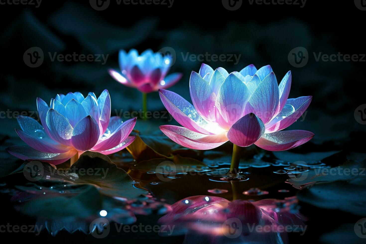 Beautiful pink water lily or lotus flower on dark background AI Generated photo