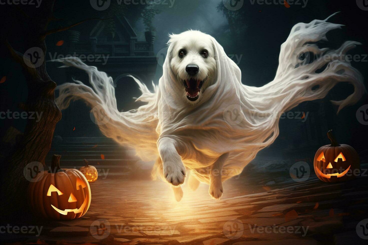 Halloween theme. dog in ghost costume with pumpkins on dark background AI Generated photo