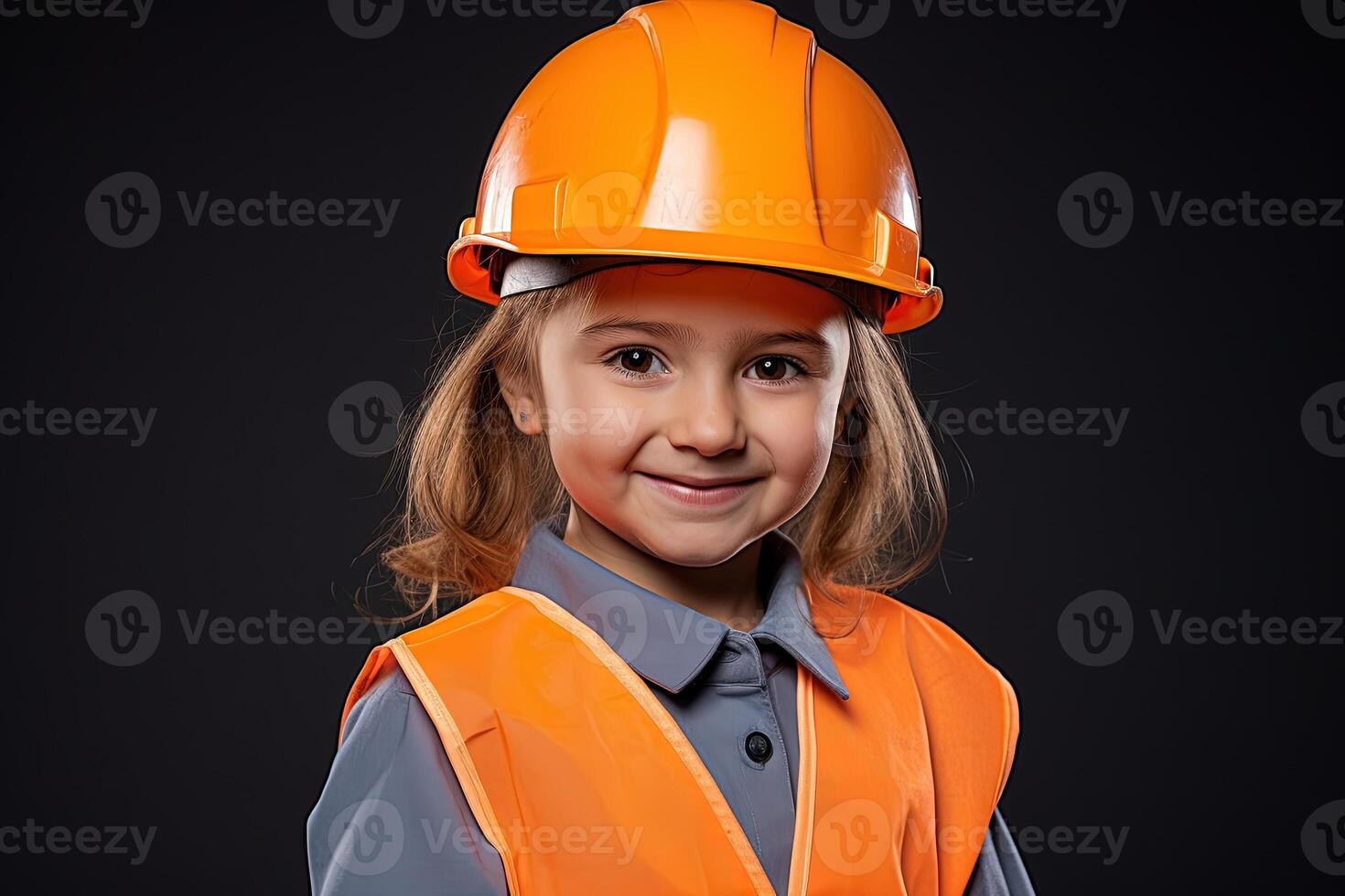 Portrait of a smiling little girl in a construction helmet photo