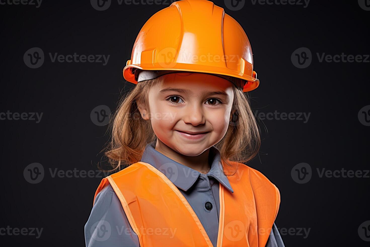 retrato de un sonriente pequeño niña en un construcción casco ai generado foto