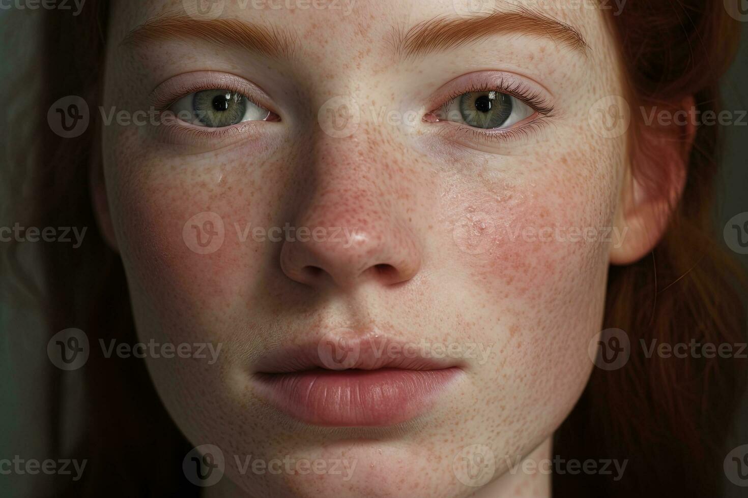 a close up of a woman with freckles,rosacea couperose redness skin AI generated photo