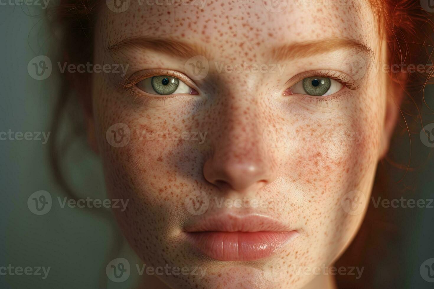 a close up of a woman with freckles AI generated photo