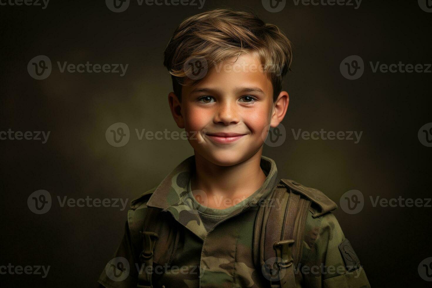 retrato de un linda pequeño chico en militar uniforme en oscuro antecedentes ai generado foto