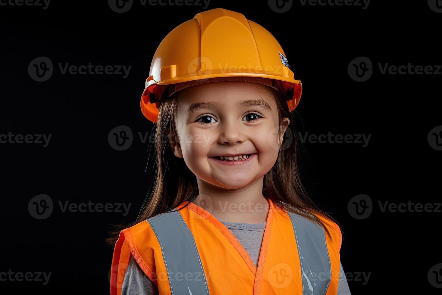 Portrait of a smiling little girl in a construction helmet photo