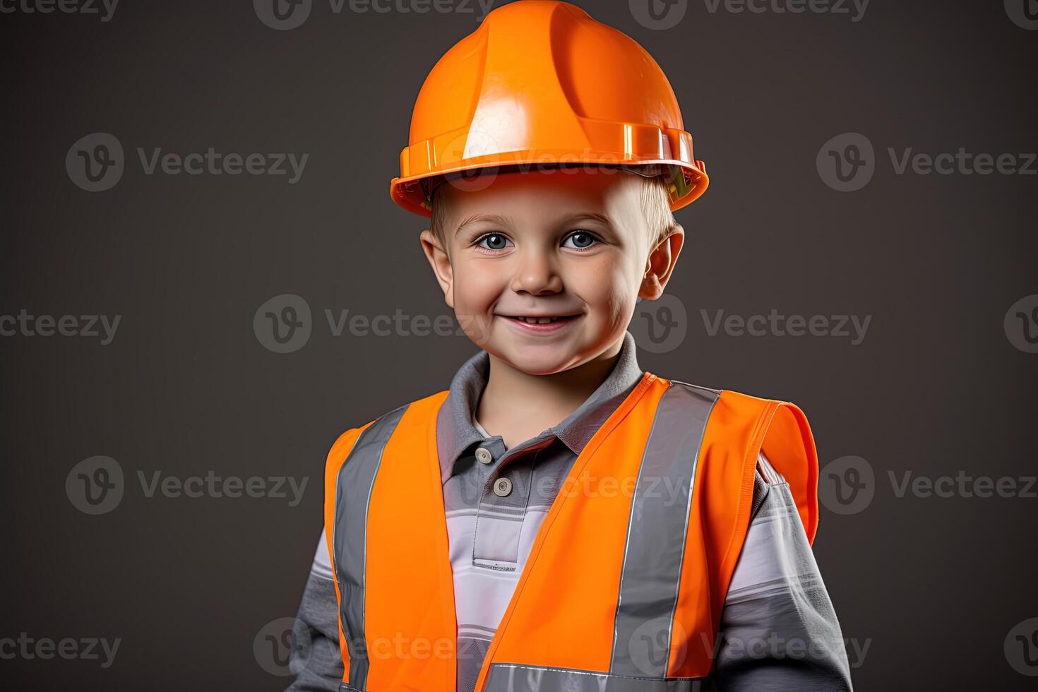 retrato de un linda pequeño chico en un construcción casco ai generado foto